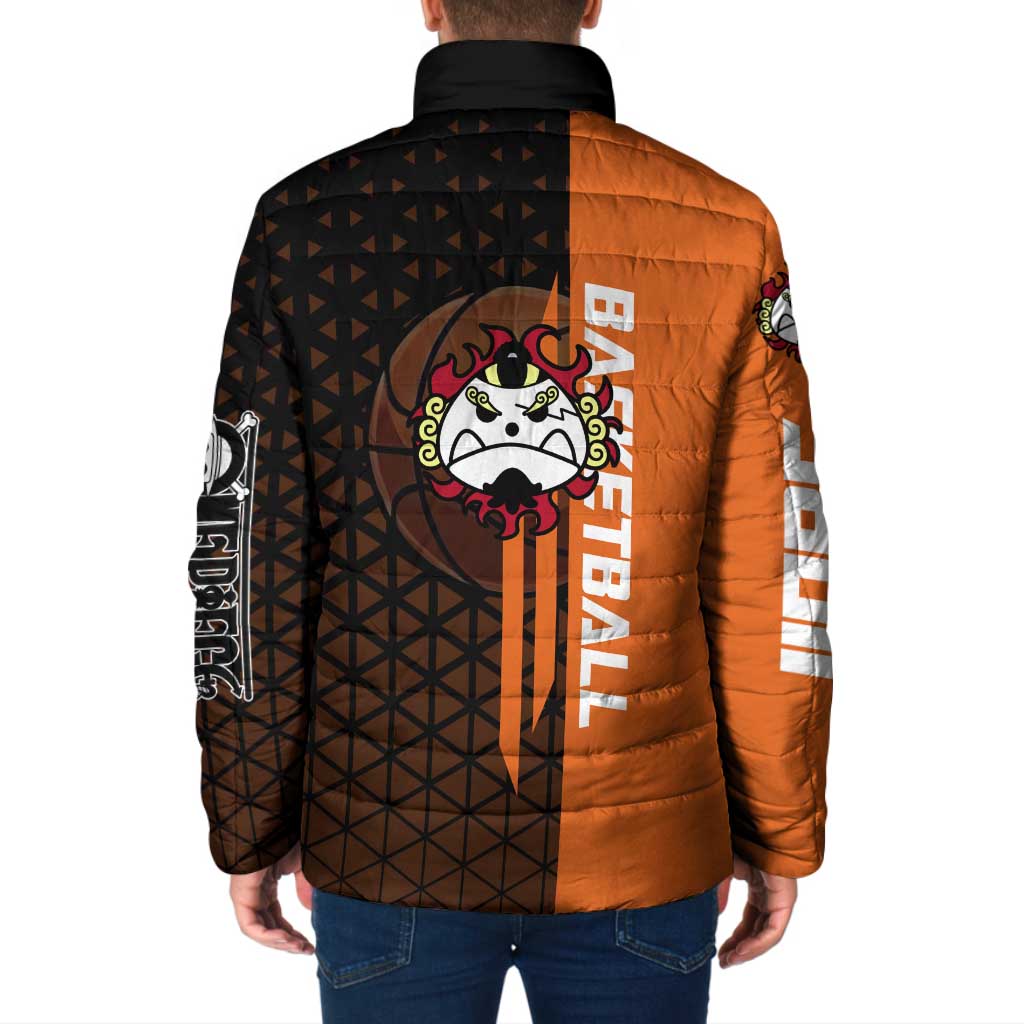 Jinbe One Piece Basketball Theme Orange and Black Design Padded Jacket with Powerful Pose and Sun Pirates Emblem - The Mazicc