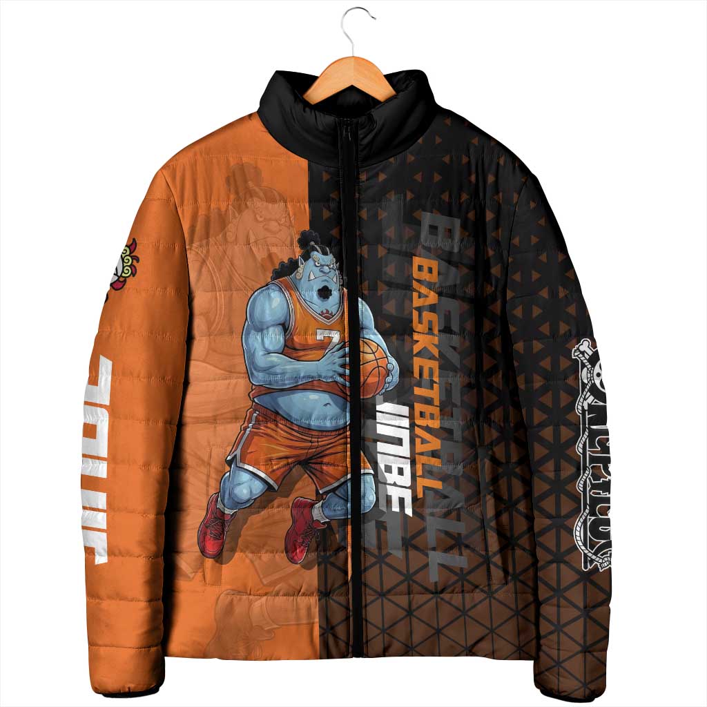 Jinbe One Piece Basketball Theme Orange and Black Design Padded Jacket with Powerful Pose and Sun Pirates Emblem - The Mazicc