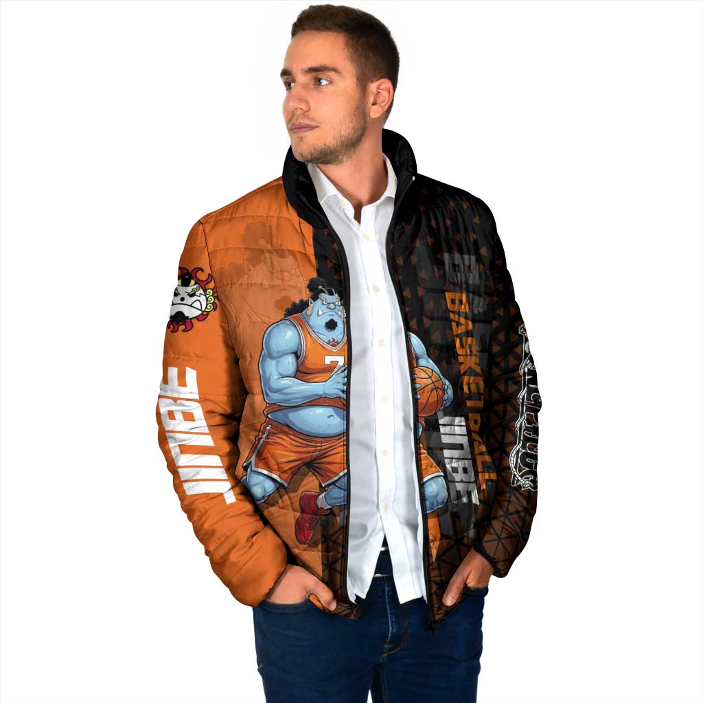Jinbe One Piece Basketball Theme Orange and Black Design Padded Jacket with Powerful Pose and Sun Pirates Emblem - The Mazicc