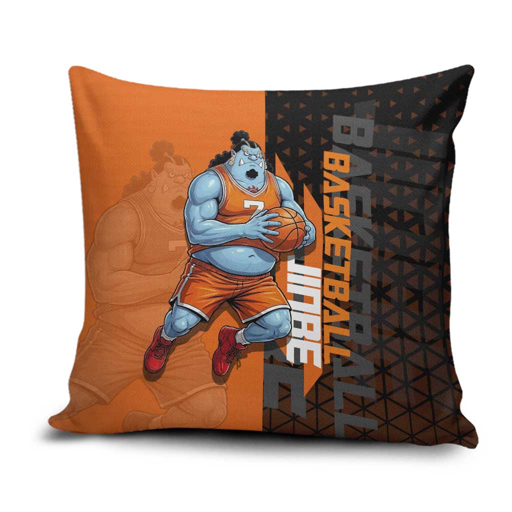 Jinbe One Piece Basketball Theme Orange and Black Design Pillow Cover with Powerful Pose and Sun Pirates Emblem - The Mazicc