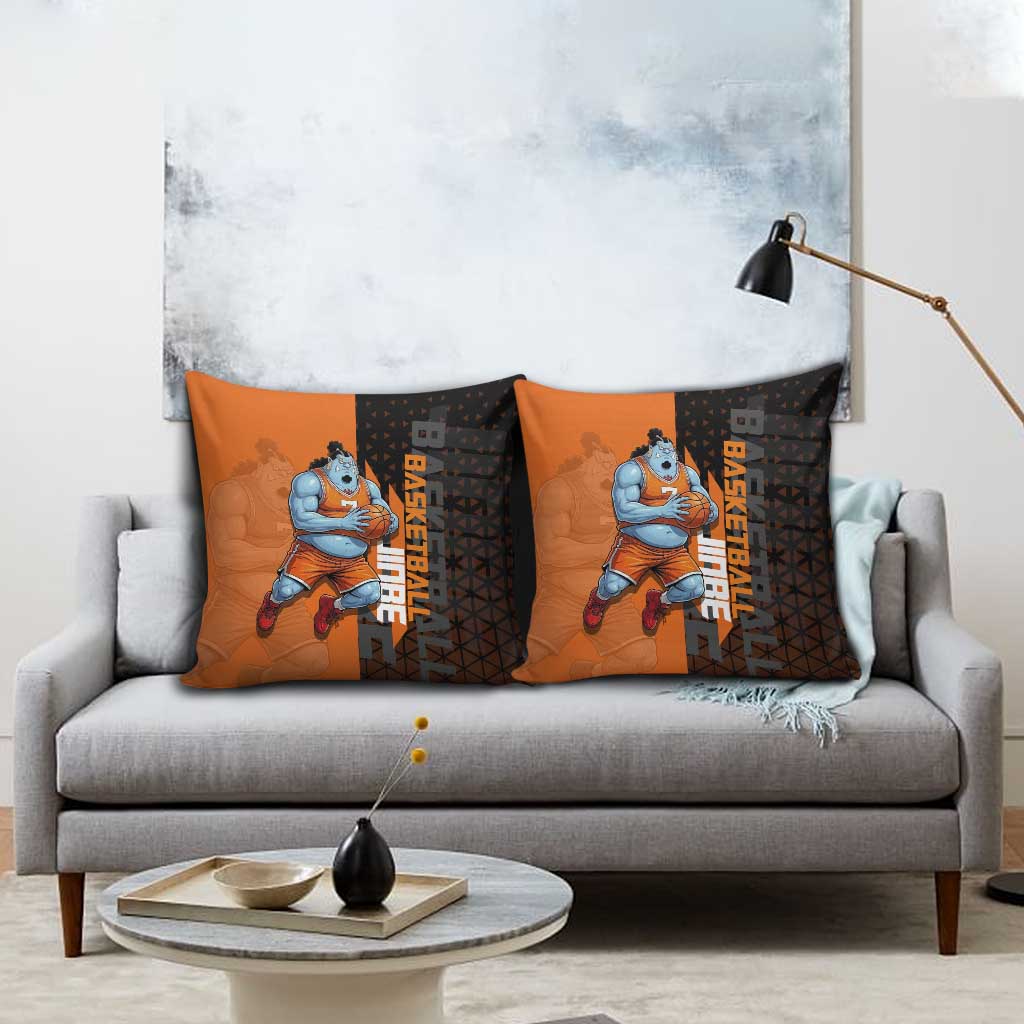 Jinbe One Piece Basketball Theme Orange and Black Design Pillow Cover with Powerful Pose and Sun Pirates Emblem - The Mazicc