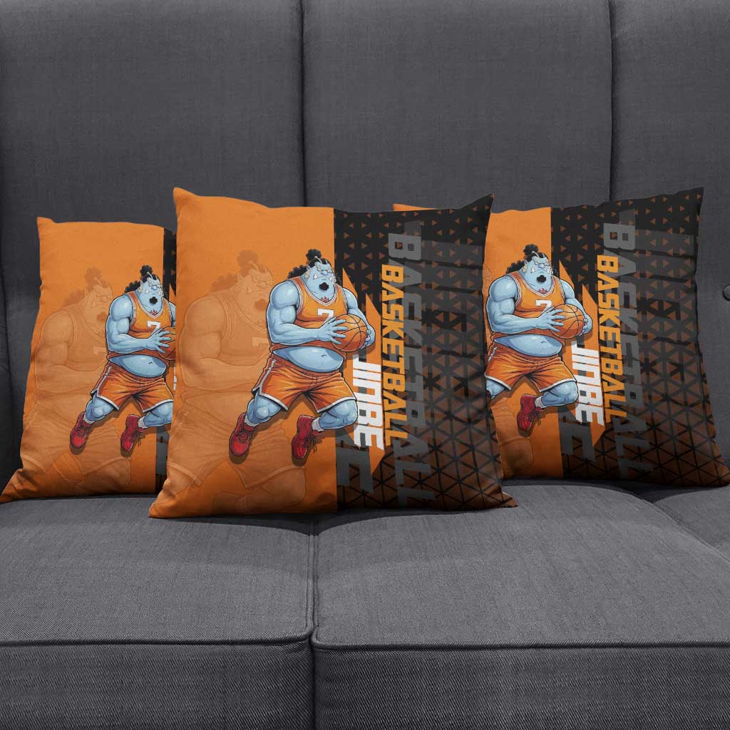 Jinbe One Piece Basketball Theme Orange and Black Design Pillow Cover with Powerful Pose and Sun Pirates Emblem - The Mazicc