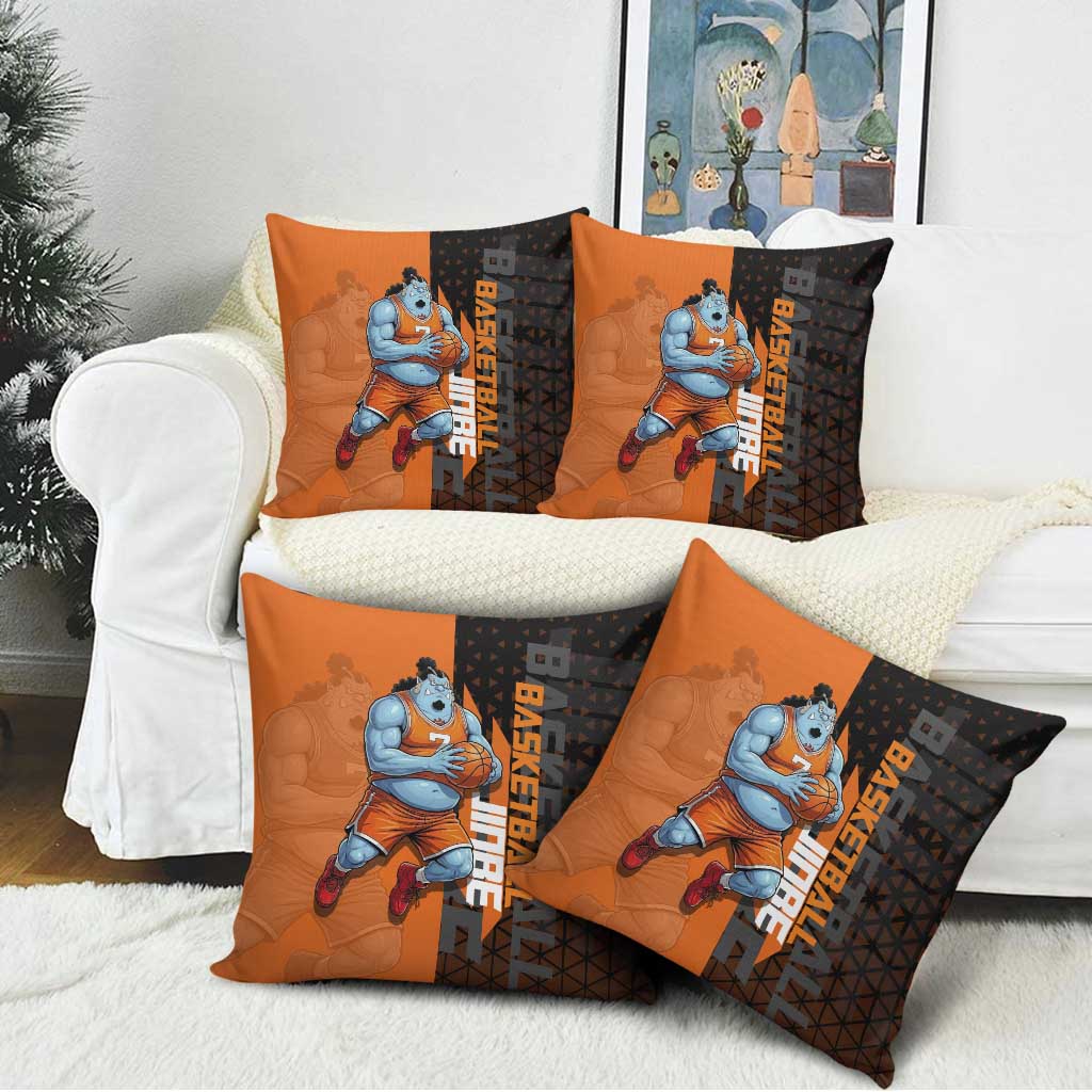 Jinbe One Piece Basketball Theme Orange and Black Design Pillow Cover with Powerful Pose and Sun Pirates Emblem - The Mazicc
