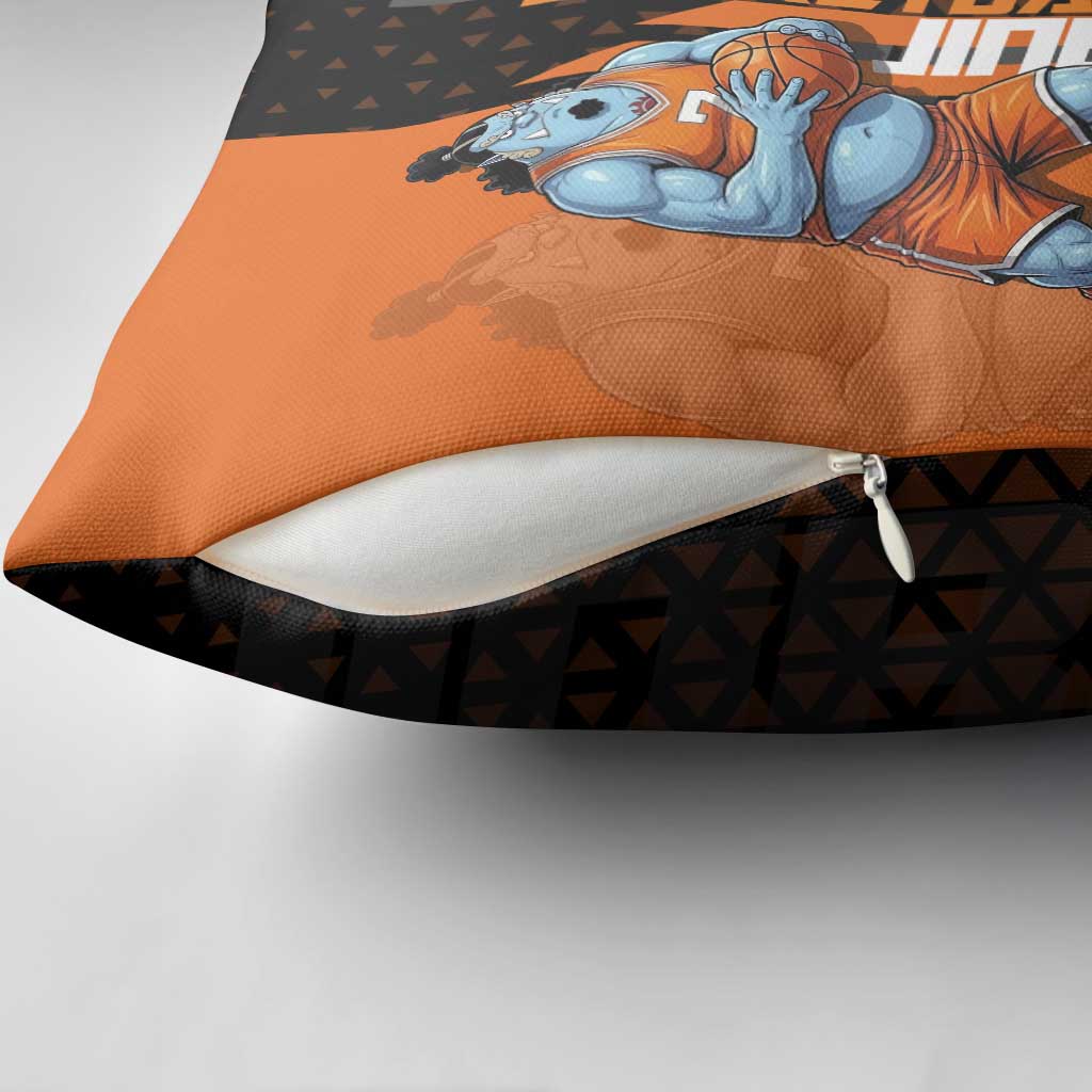 Jinbe One Piece Basketball Theme Orange and Black Design Pillow Cover with Powerful Pose and Sun Pirates Emblem - The Mazicc