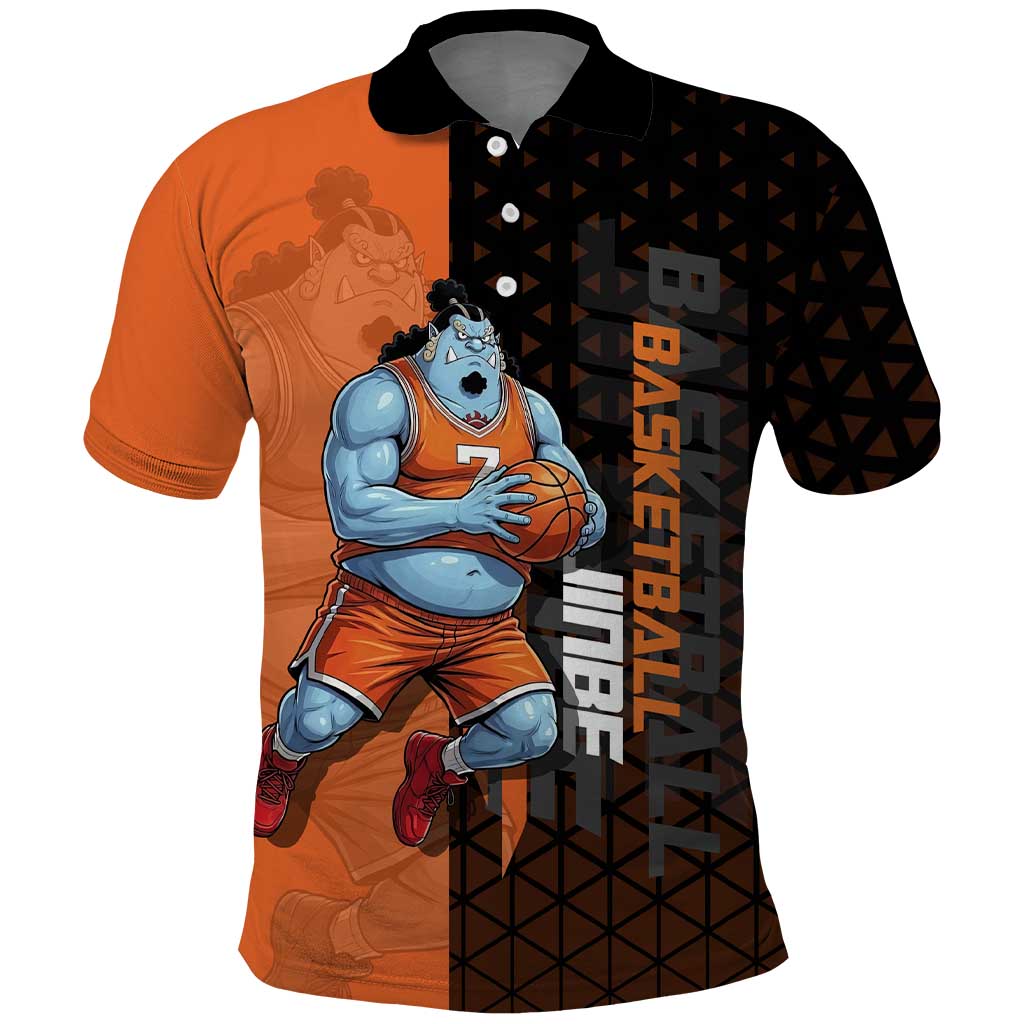 Jinbe One Piece Basketball Theme Orange and Black Design Polo Shirt with Powerful Pose and Sun Pirates Emblem - The Mazicc