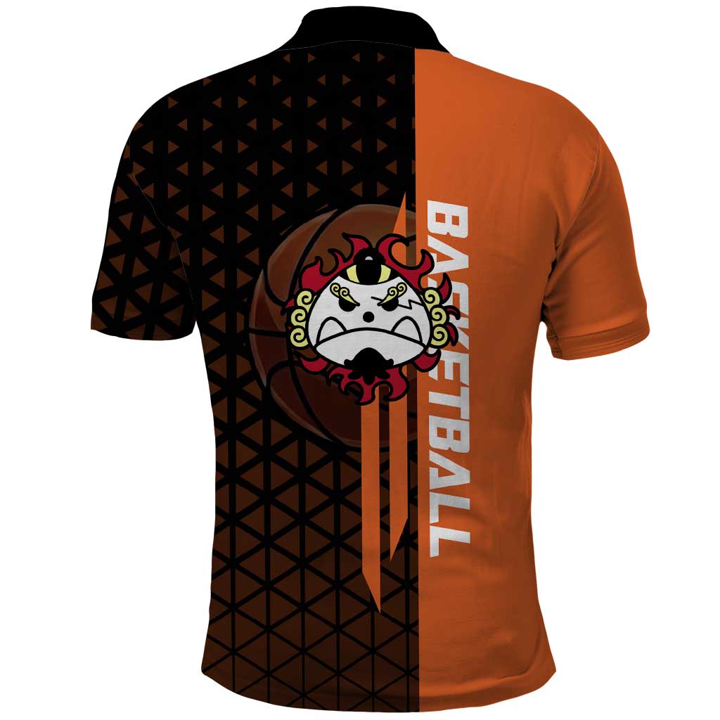 Jinbe One Piece Basketball Theme Orange and Black Design Polo Shirt with Powerful Pose and Sun Pirates Emblem - The Mazicc