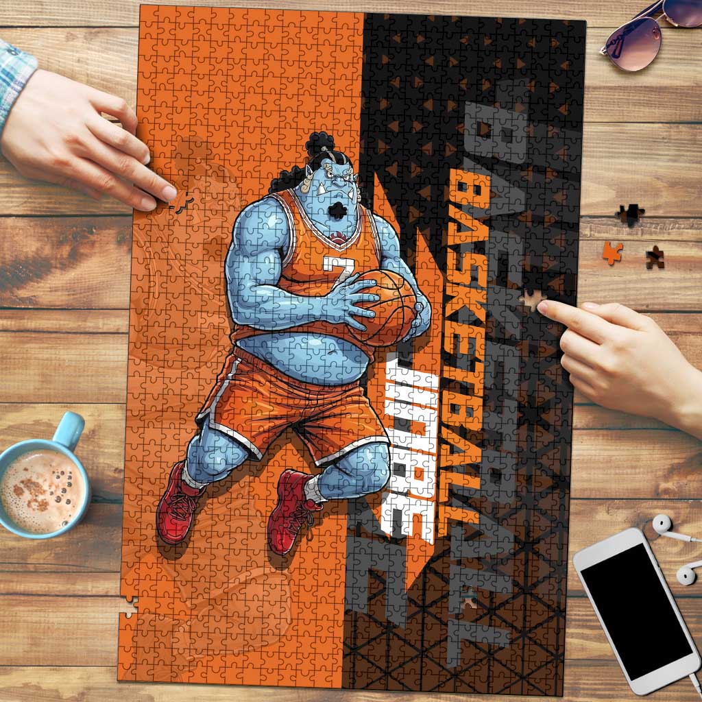 Jinbe One Piece Basketball Theme Orange and Black Design Puzzle with Powerful Pose and Sun Pirates Emblem - The Mazicc