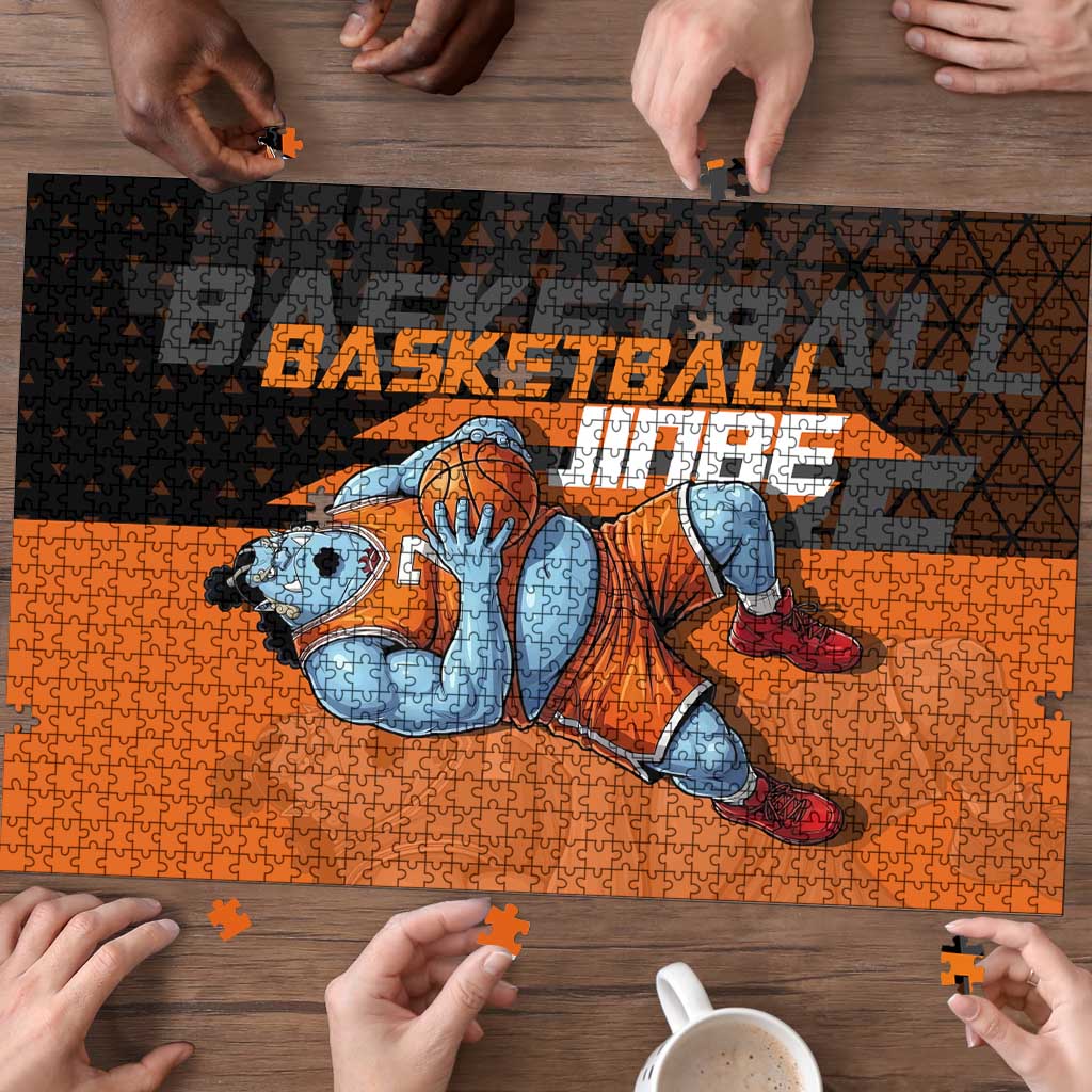 Jinbe One Piece Basketball Theme Orange and Black Design Puzzle with Powerful Pose and Sun Pirates Emblem - The Mazicc