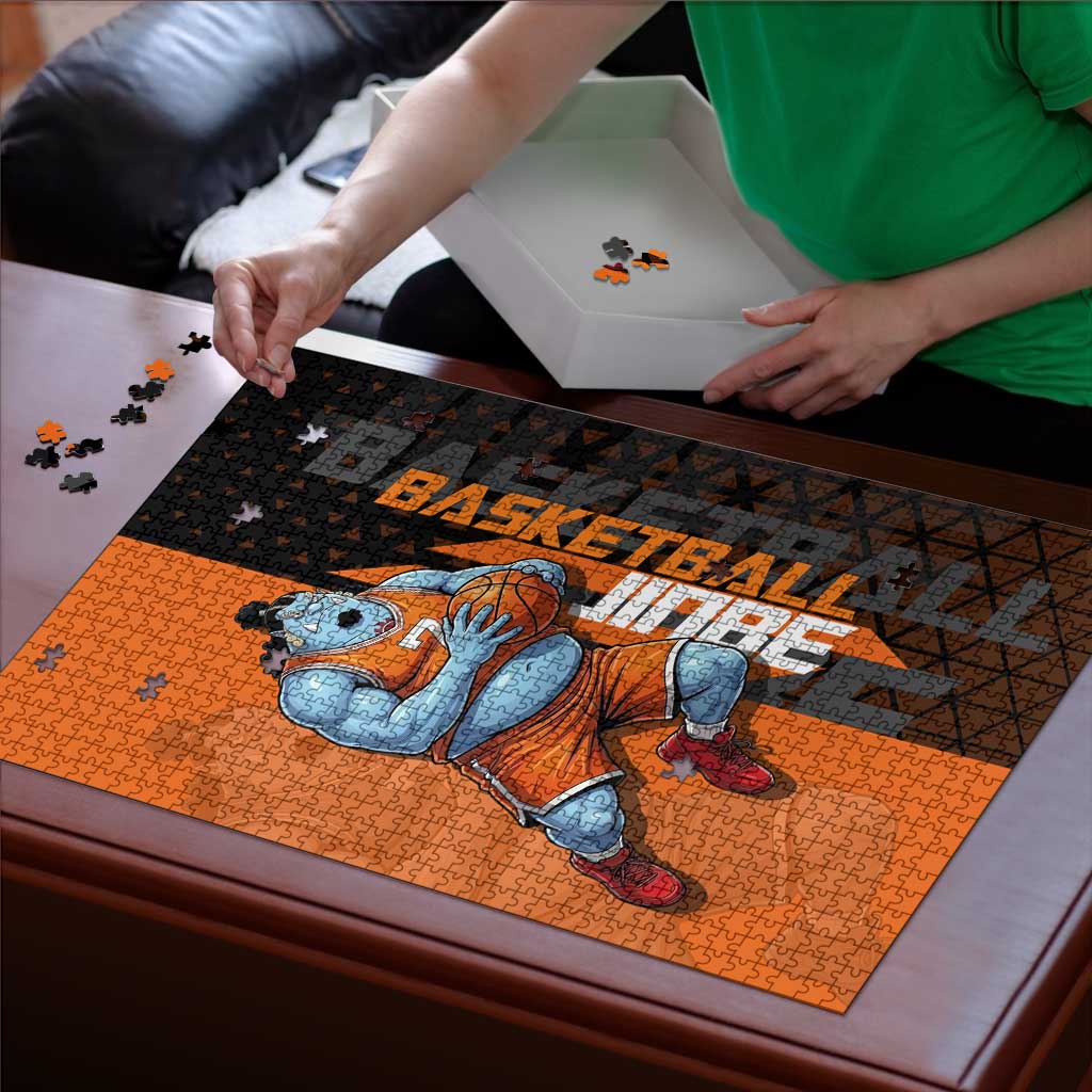 Jinbe One Piece Basketball Theme Orange and Black Design Puzzle with Powerful Pose and Sun Pirates Emblem - The Mazicc