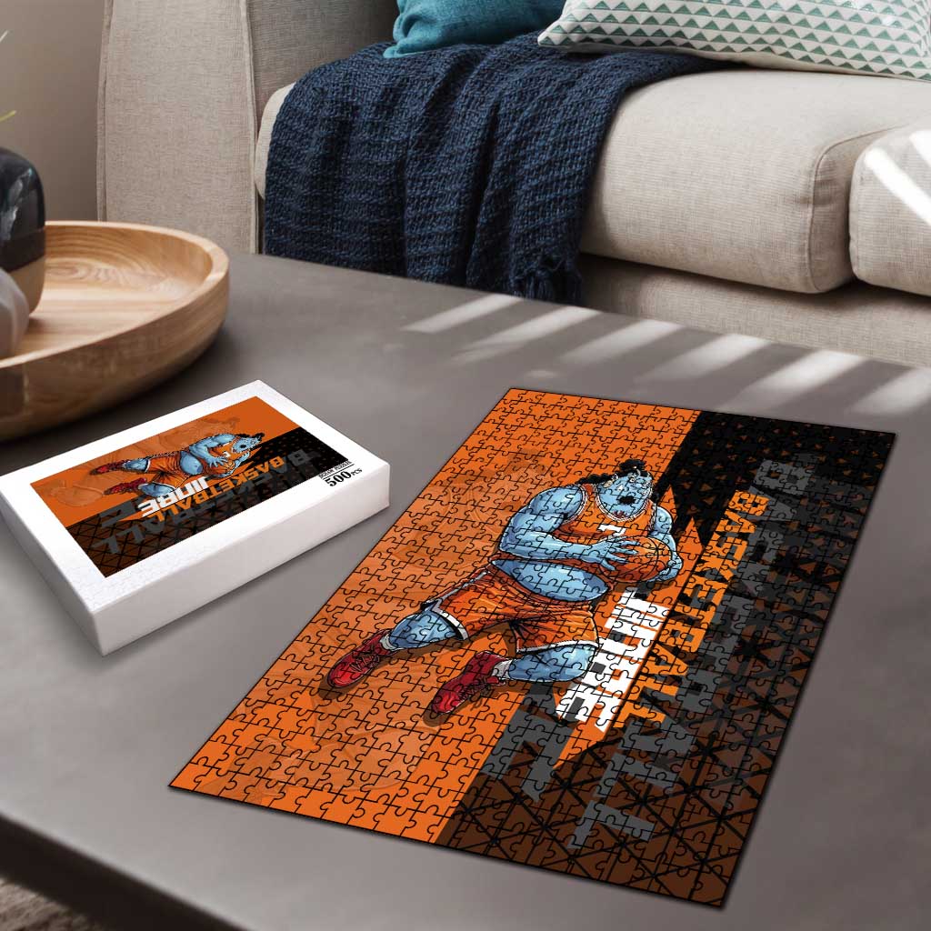 Jinbe One Piece Basketball Theme Orange and Black Design Puzzle with Powerful Pose and Sun Pirates Emblem - The Mazicc