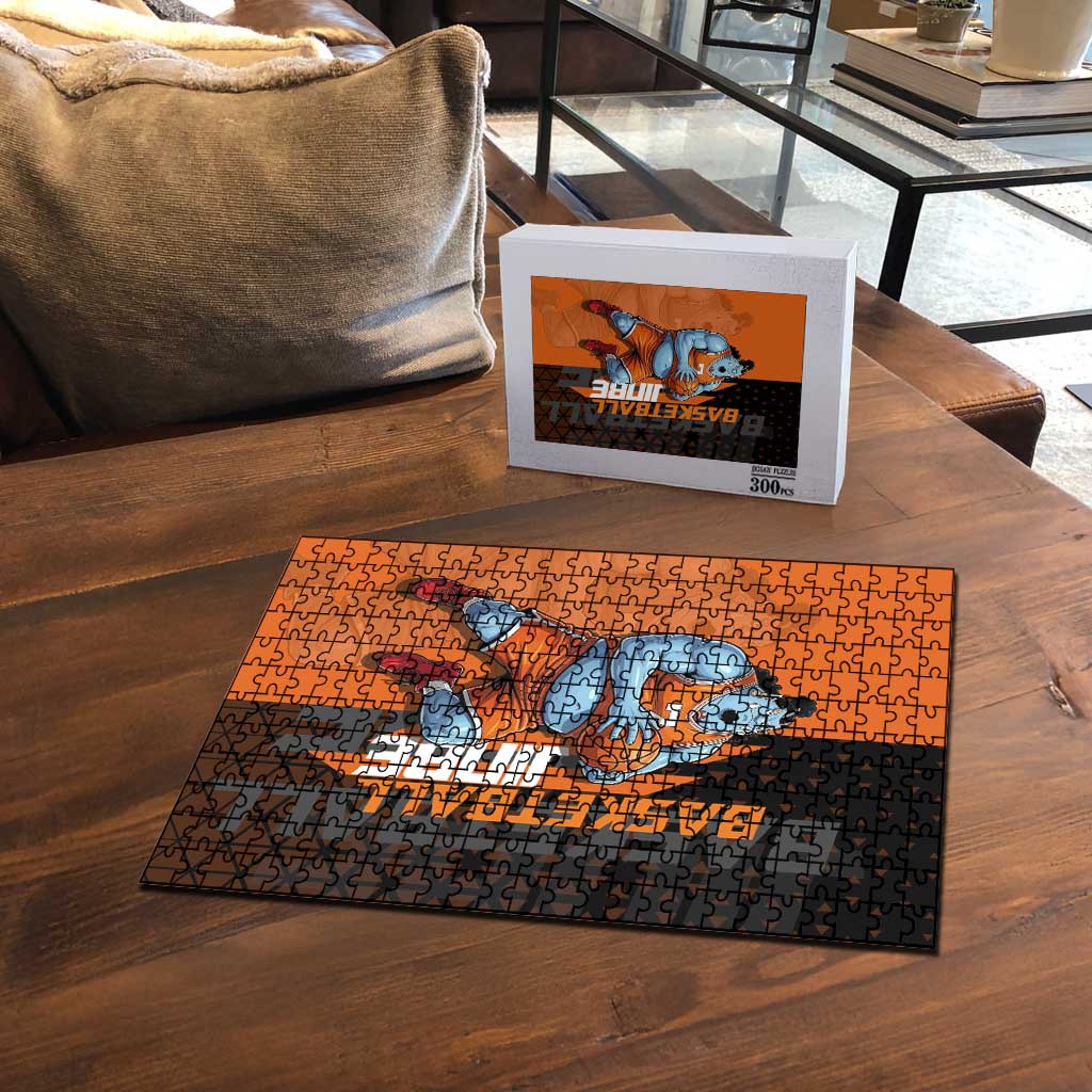 Jinbe One Piece Basketball Theme Orange and Black Design Puzzle with Powerful Pose and Sun Pirates Emblem - The Mazicc
