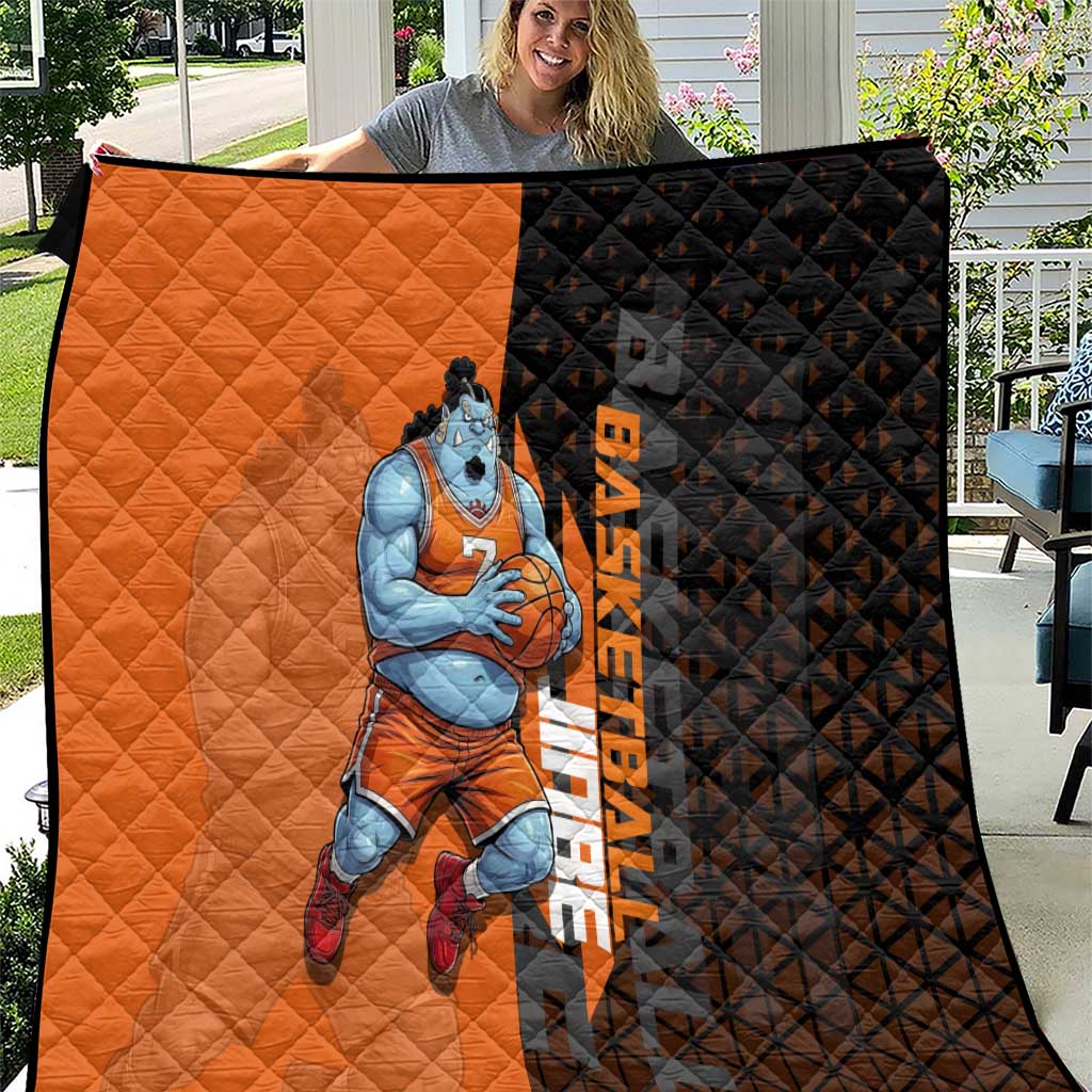 Jinbe One Piece Basketball Theme Orange and Black Design Quilt with Powerful Pose and Sun Pirates Emblem - The Mazicc