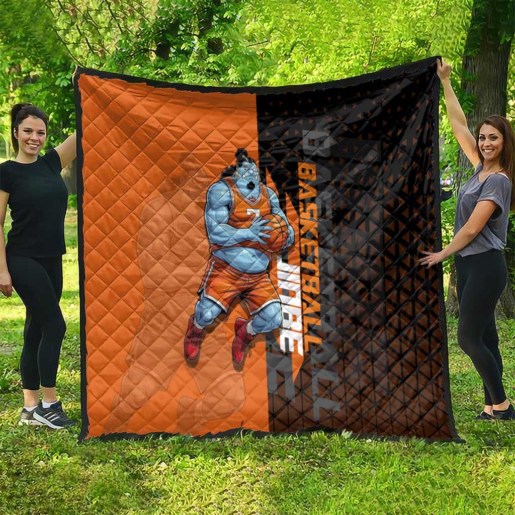 Jinbe One Piece Basketball Theme Orange and Black Design Quilt with Powerful Pose and Sun Pirates Emblem - The Mazicc