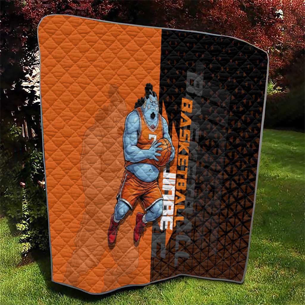 Jinbe One Piece Basketball Theme Orange and Black Design Quilt with Powerful Pose and Sun Pirates Emblem - The Mazicc