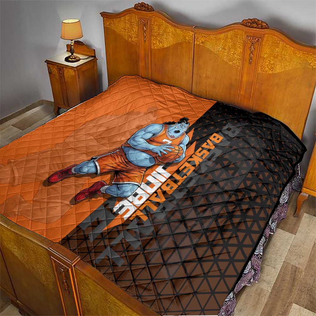 Jinbe One Piece Basketball Theme Orange and Black Design Quilt with Powerful Pose and Sun Pirates Emblem - The Mazicc