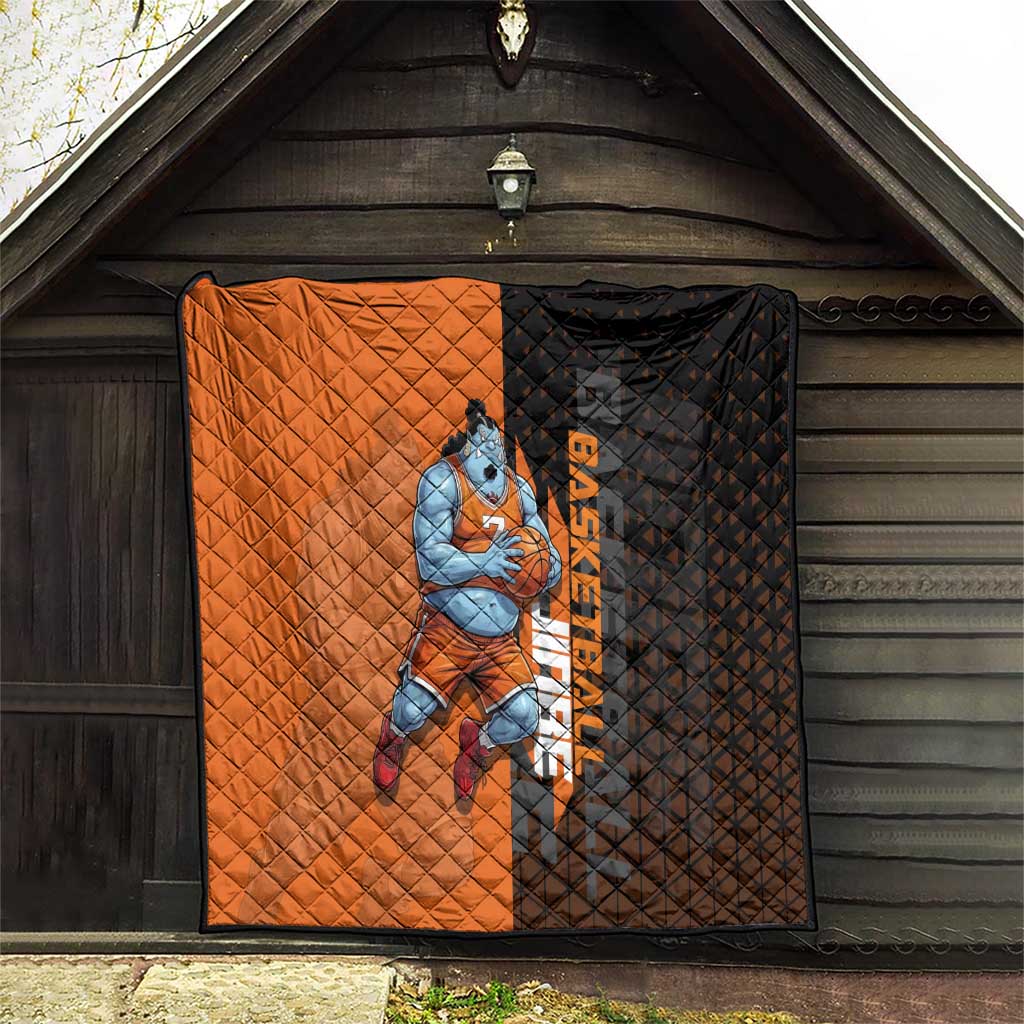 Jinbe One Piece Basketball Theme Orange and Black Design Quilt with Powerful Pose and Sun Pirates Emblem - The Mazicc