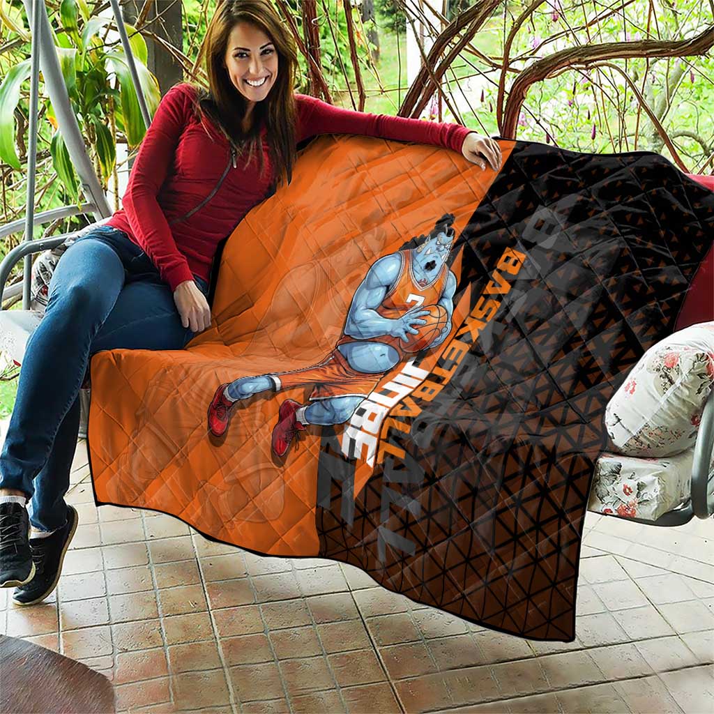 Jinbe One Piece Basketball Theme Orange and Black Design Quilt with Powerful Pose and Sun Pirates Emblem - The Mazicc