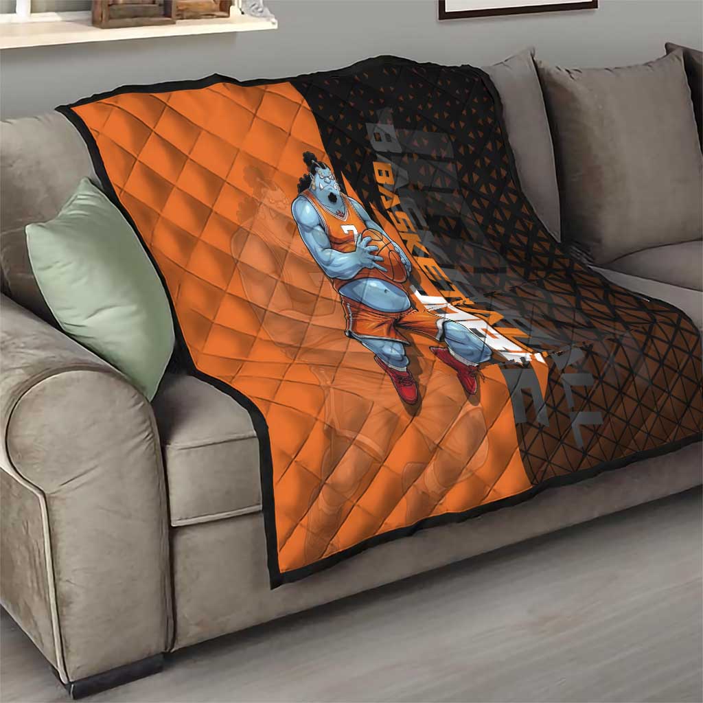 Jinbe One Piece Basketball Theme Orange and Black Design Quilt with Powerful Pose and Sun Pirates Emblem - The Mazicc