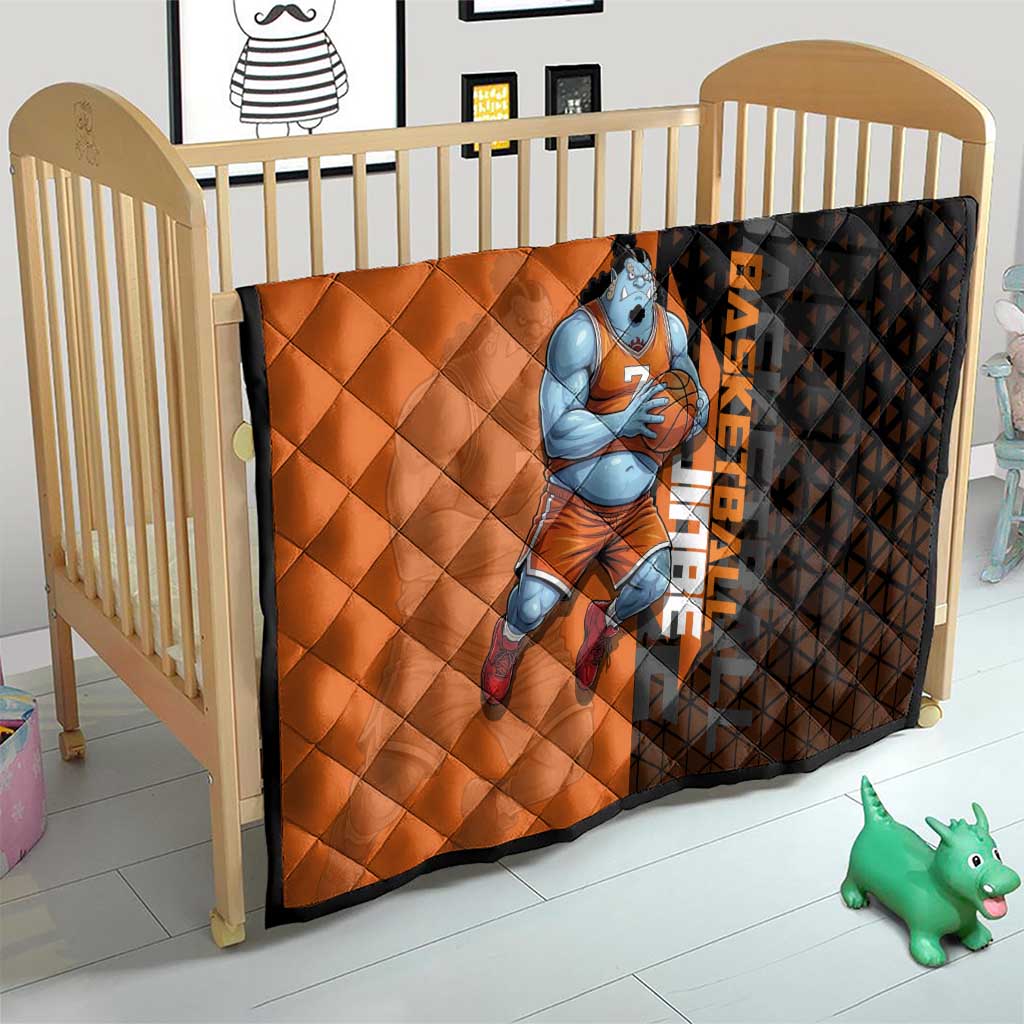 Jinbe One Piece Basketball Theme Orange and Black Design Quilt with Powerful Pose and Sun Pirates Emblem - The Mazicc