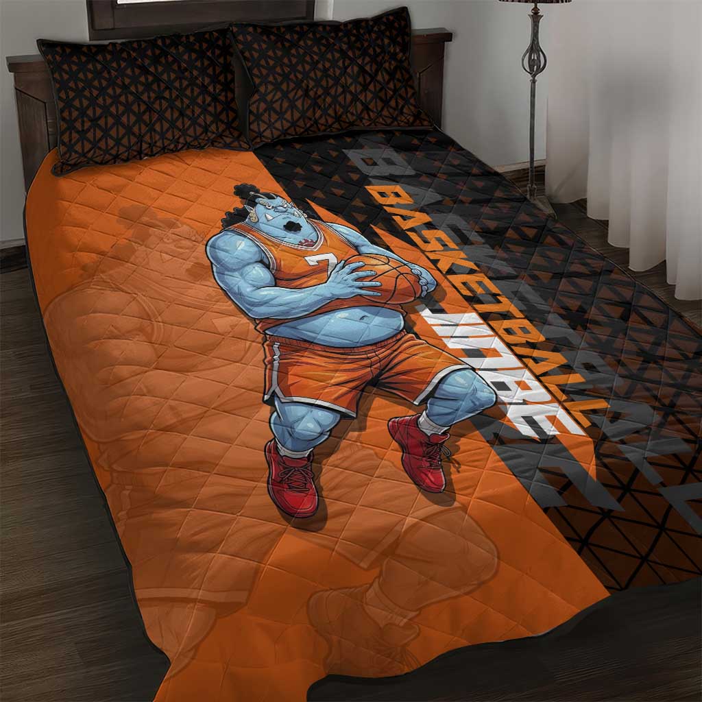 Jinbe One Piece Basketball Theme Orange and Black Design Quilt Bed Set with Powerful Pose and Sun Pirates Emblem - The Mazicc
