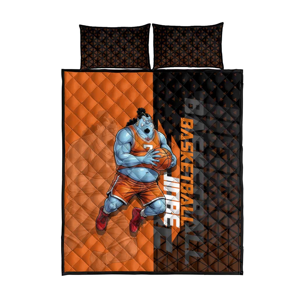 Jinbe One Piece Basketball Theme Orange and Black Design Quilt Bed Set with Powerful Pose and Sun Pirates Emblem - The Mazicc