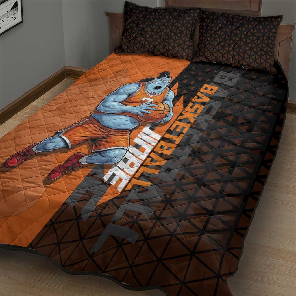 Jinbe One Piece Basketball Theme Orange and Black Design Quilt Bed Set with Powerful Pose and Sun Pirates Emblem - The Mazicc