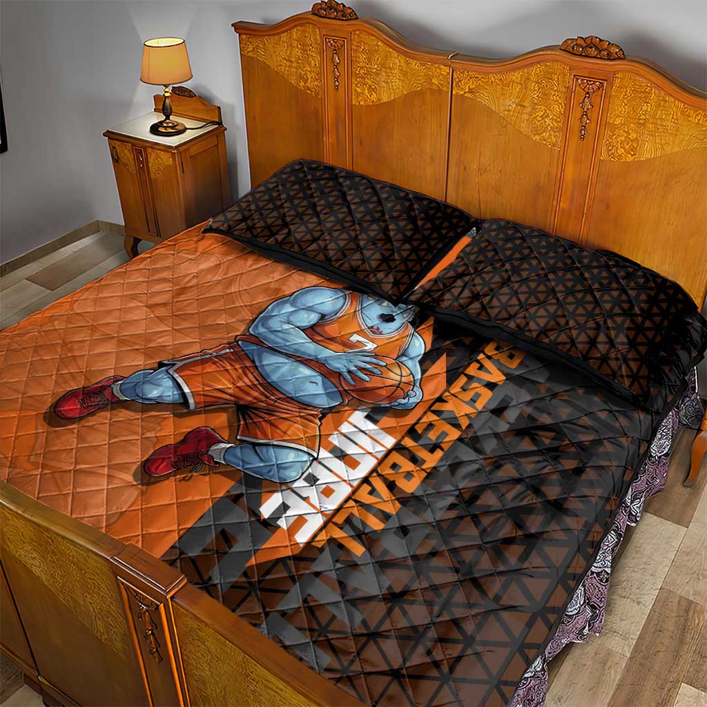 Jinbe One Piece Basketball Theme Orange and Black Design Quilt Bed Set with Powerful Pose and Sun Pirates Emblem - The Mazicc