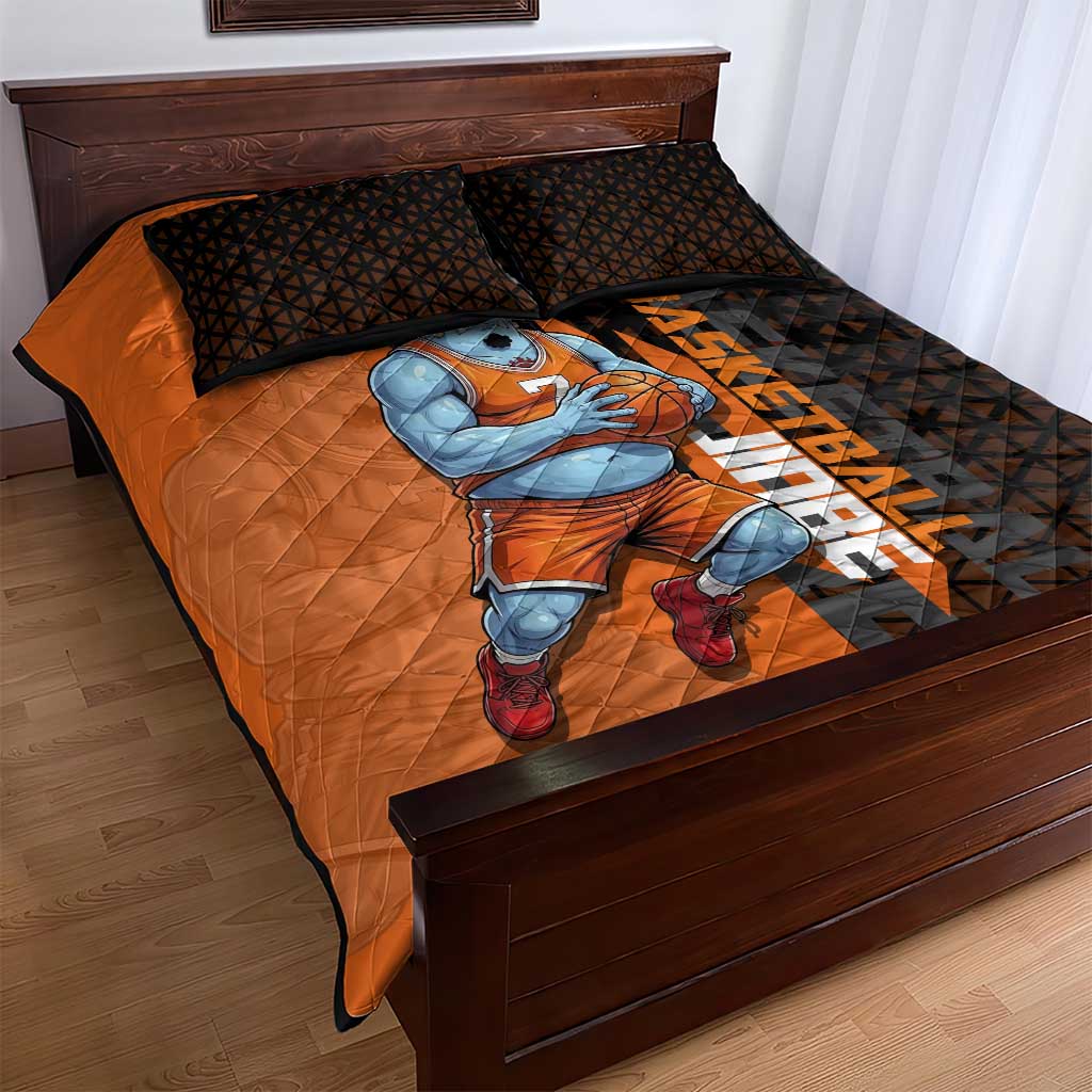 Jinbe One Piece Basketball Theme Orange and Black Design Quilt Bed Set with Powerful Pose and Sun Pirates Emblem - The Mazicc