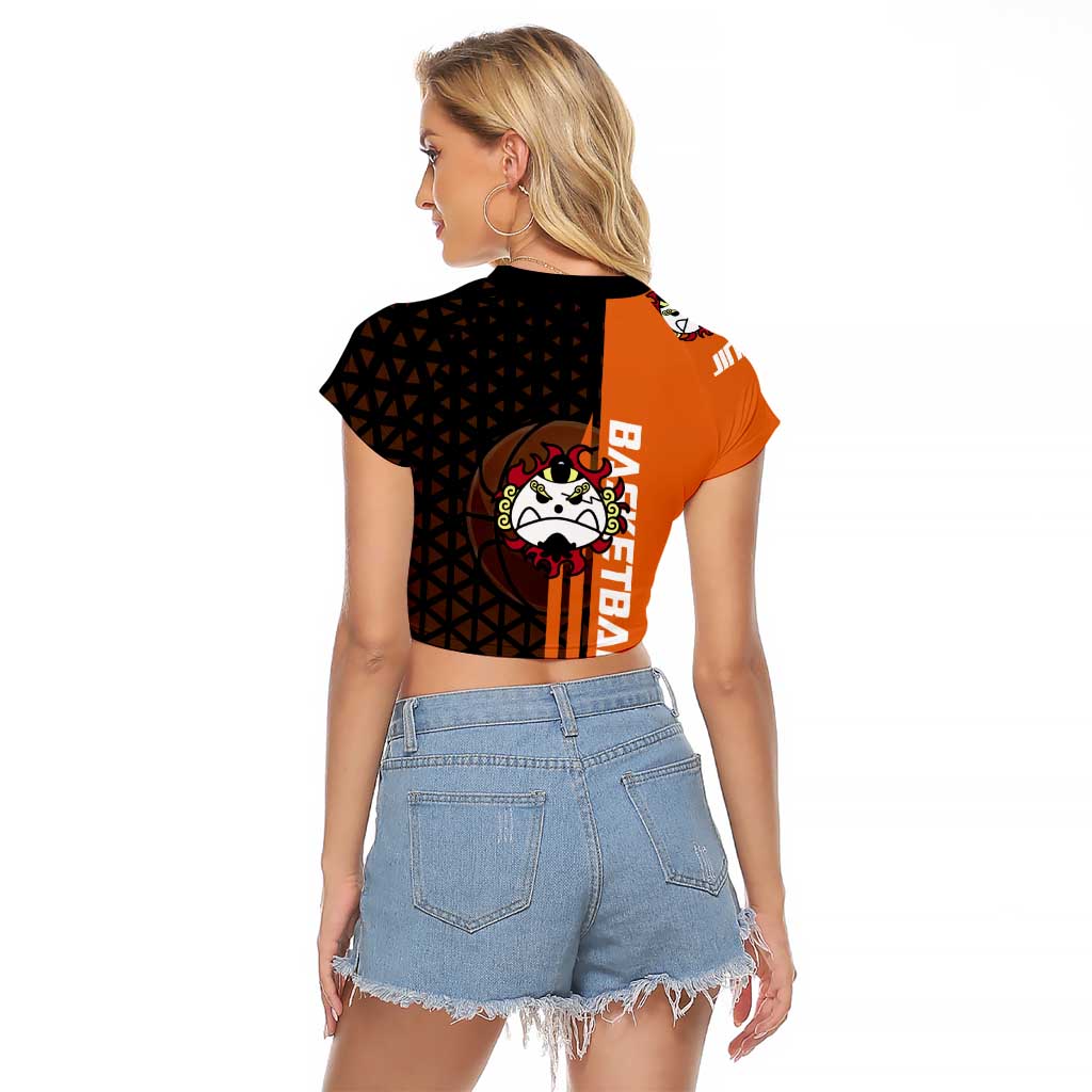 Jinbe One Piece Basketball Theme Orange and Black Design Raglan Cropped T Shirt with Powerful Pose and Sun Pirates Emblem - The Mazicc