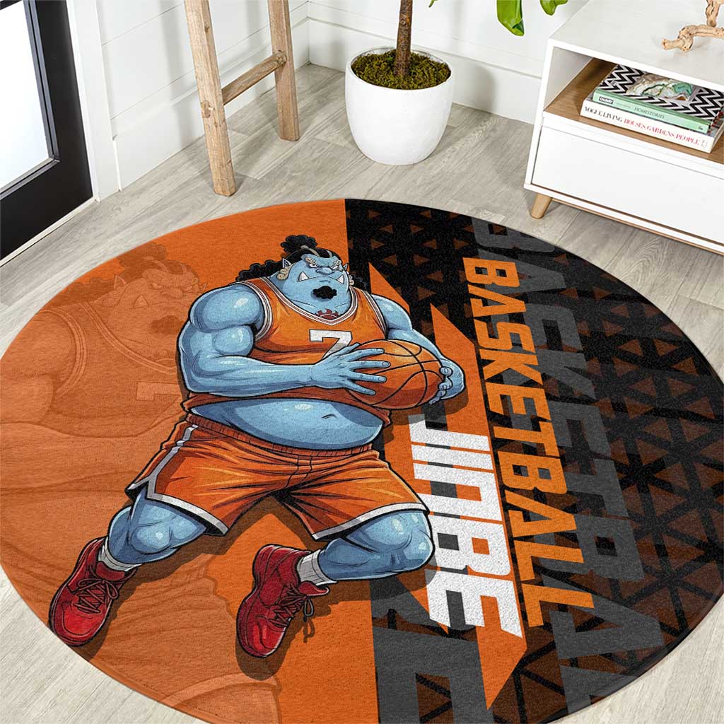 Jinbe One Piece Basketball Theme Orange and Black Design Round Carpet with Powerful Pose and Sun Pirates Emblem - The Mazicc
