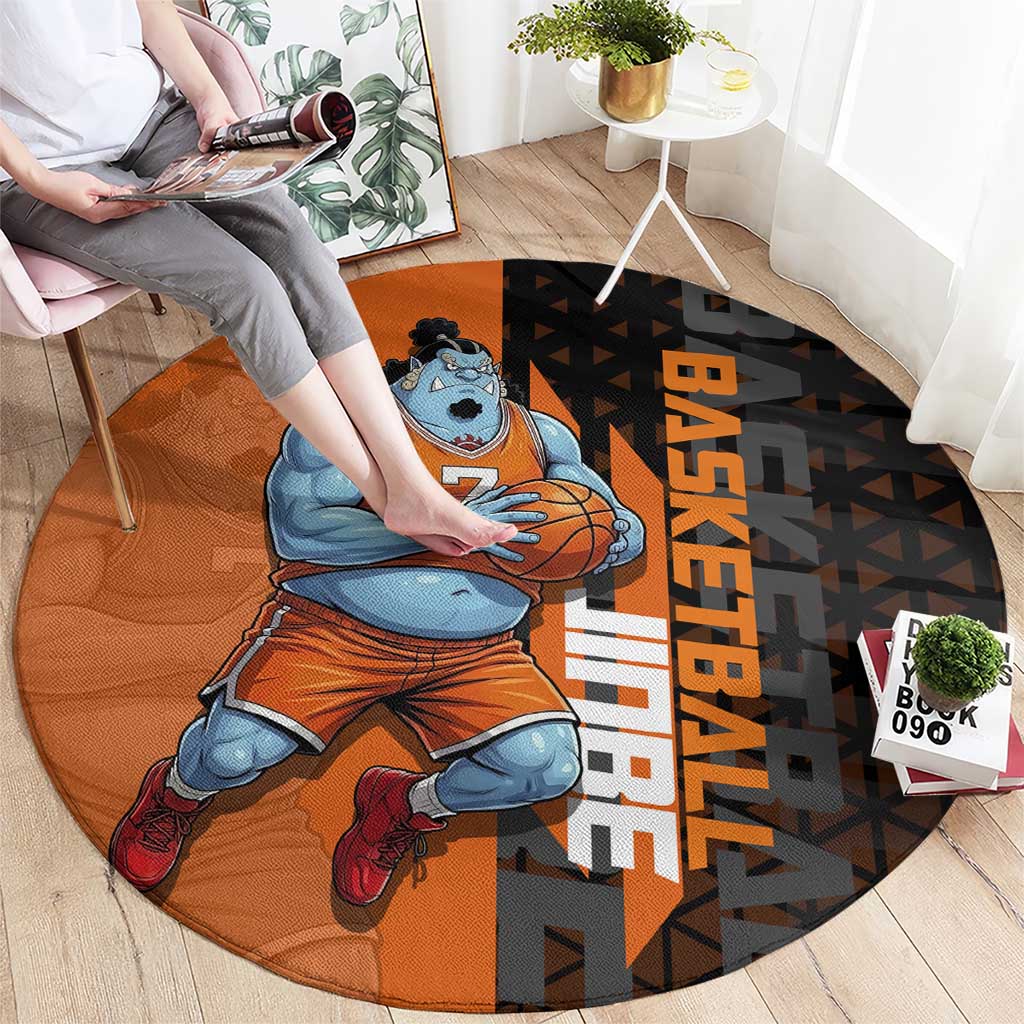 Jinbe One Piece Basketball Theme Orange and Black Design Round Carpet with Powerful Pose and Sun Pirates Emblem - The Mazicc