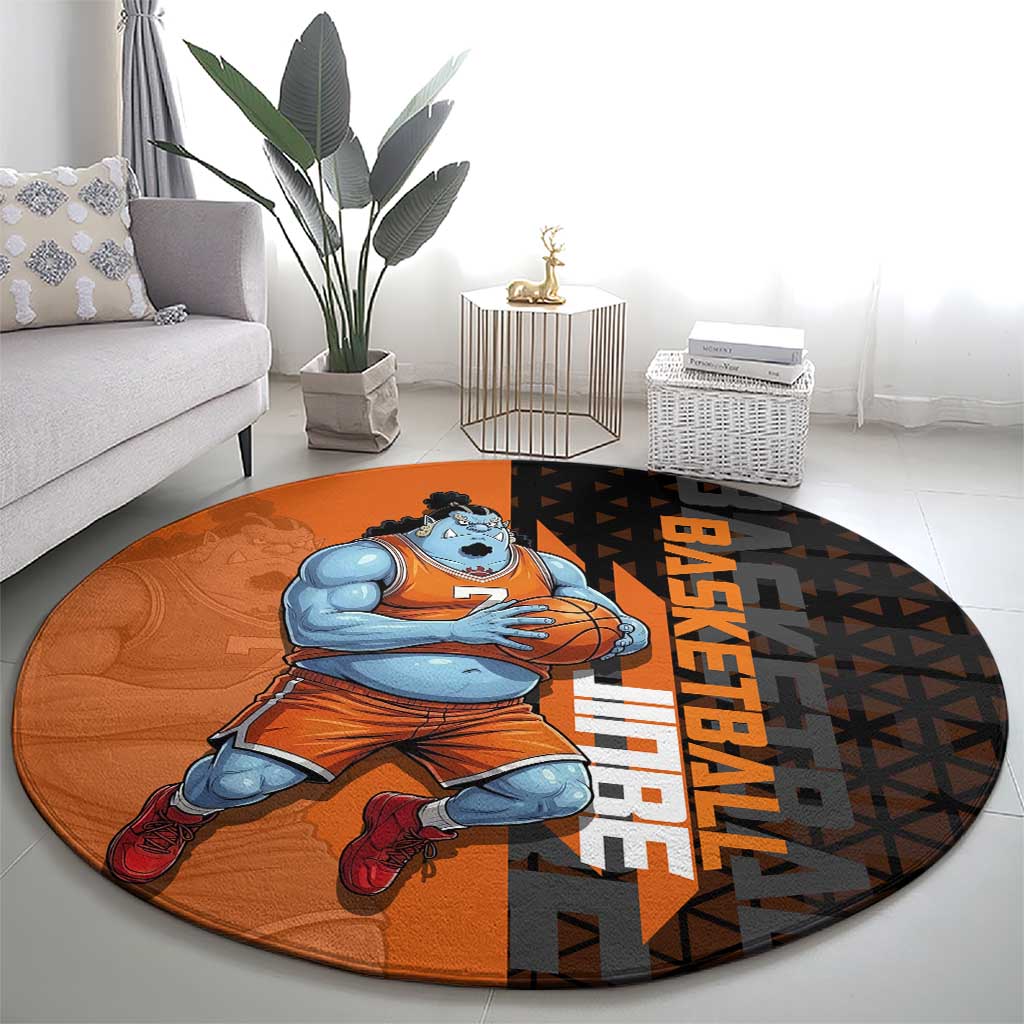 Jinbe One Piece Basketball Theme Orange and Black Design Round Carpet with Powerful Pose and Sun Pirates Emblem - The Mazicc