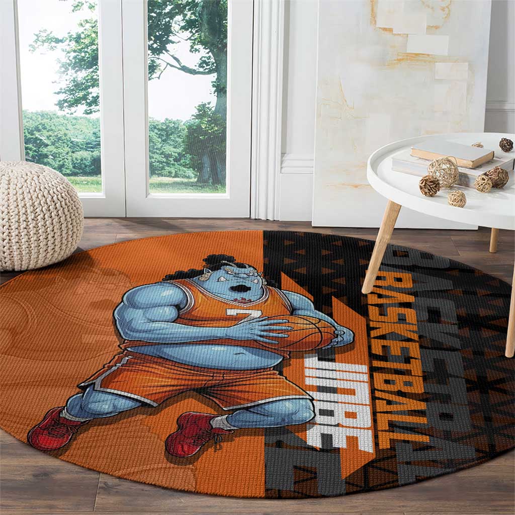 Jinbe One Piece Basketball Theme Orange and Black Design Round Carpet with Powerful Pose and Sun Pirates Emblem - The Mazicc