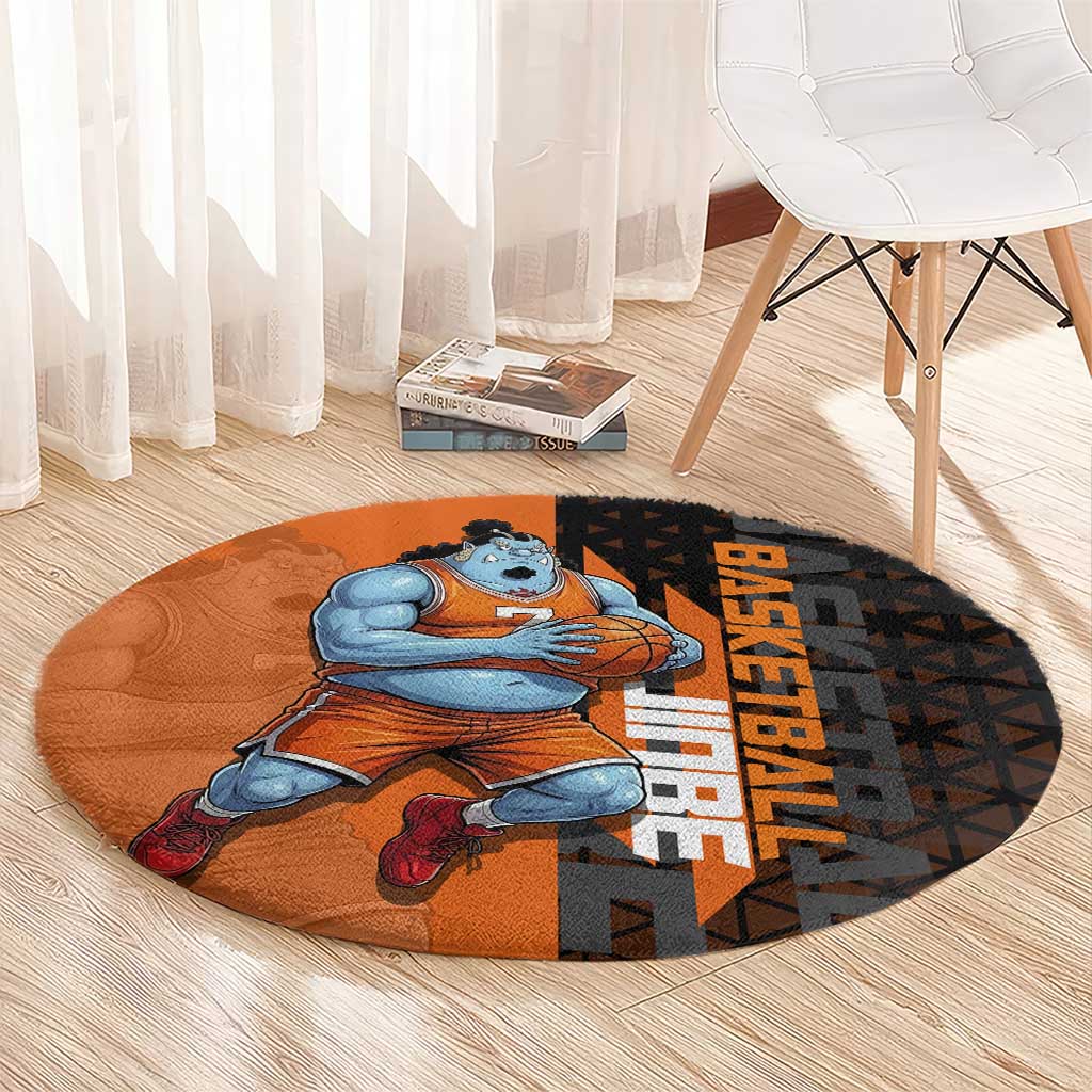 Jinbe One Piece Basketball Theme Orange and Black Design Round Carpet with Powerful Pose and Sun Pirates Emblem - The Mazicc