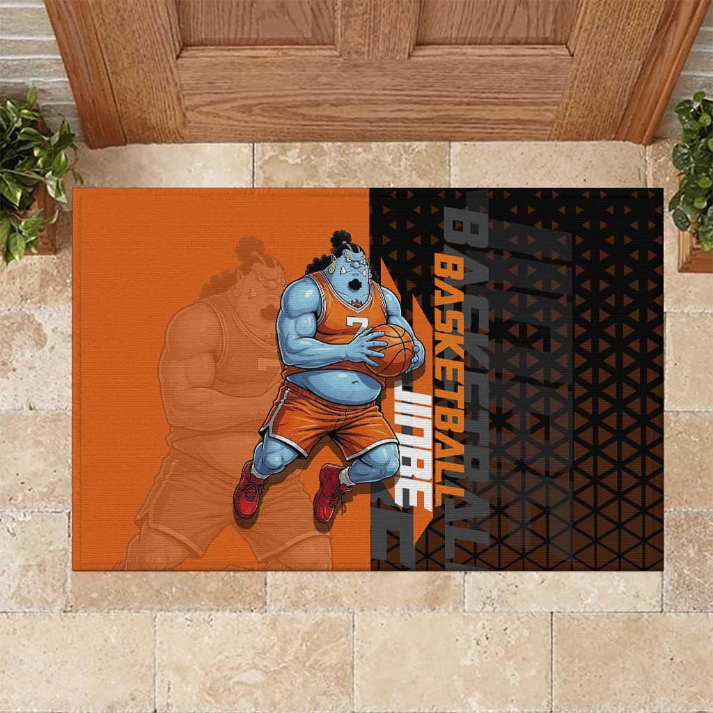 Jinbe One Piece Basketball Theme Orange and Black Design Rubber Doormat with Powerful Pose and Sun Pirates Emblem - The Mazicc