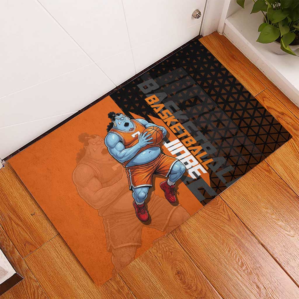 Jinbe One Piece Basketball Theme Orange and Black Design Rubber Doormat with Powerful Pose and Sun Pirates Emblem - The Mazicc