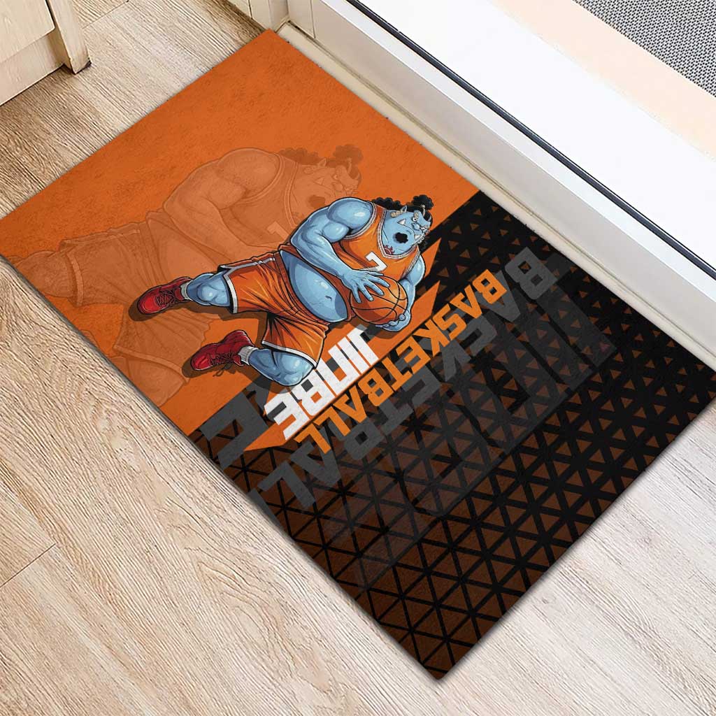 Jinbe One Piece Basketball Theme Orange and Black Design Rubber Doormat with Powerful Pose and Sun Pirates Emblem - The Mazicc