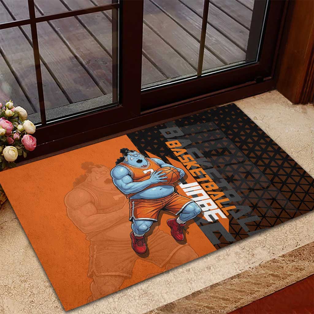 Jinbe One Piece Basketball Theme Orange and Black Design Rubber Doormat with Powerful Pose and Sun Pirates Emblem - The Mazicc