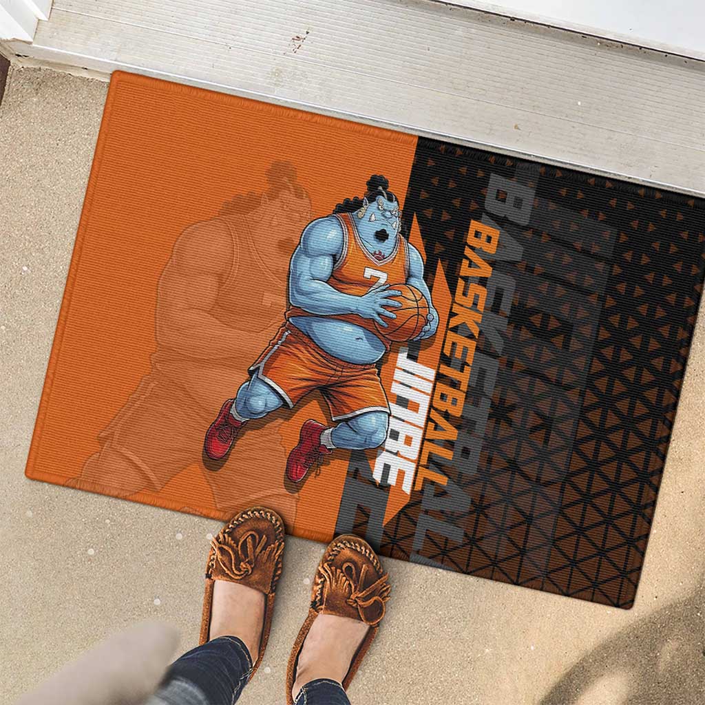 Jinbe One Piece Basketball Theme Orange and Black Design Rubber Doormat with Powerful Pose and Sun Pirates Emblem - The Mazicc