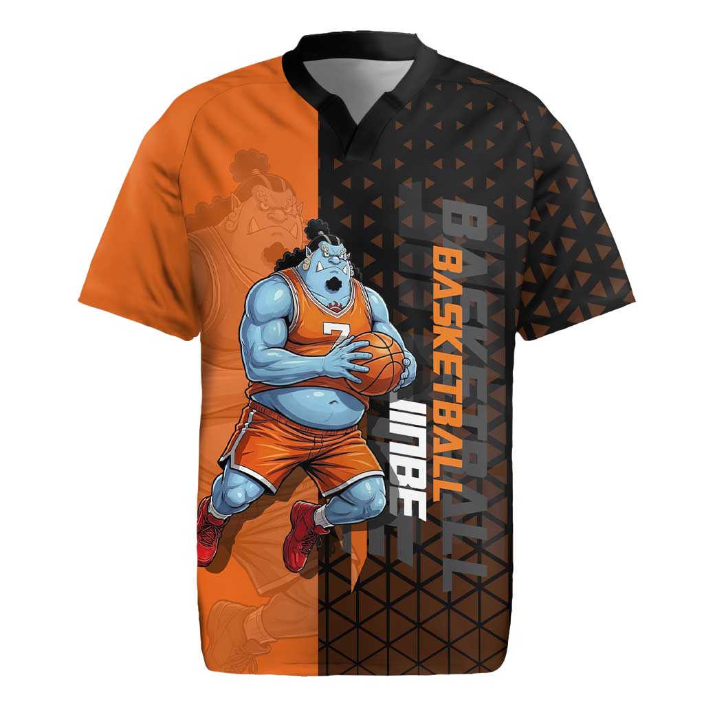 Jinbe One Piece Basketball Theme Orange and Black Design Rugby Jersey with Powerful Pose and Sun Pirates Emblem - The Mazicc