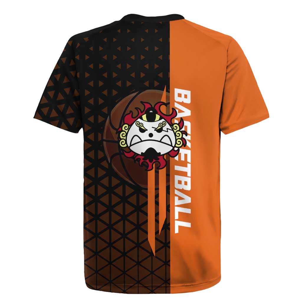Jinbe One Piece Basketball Theme Orange and Black Design Rugby Jersey with Powerful Pose and Sun Pirates Emblem - The Mazicc