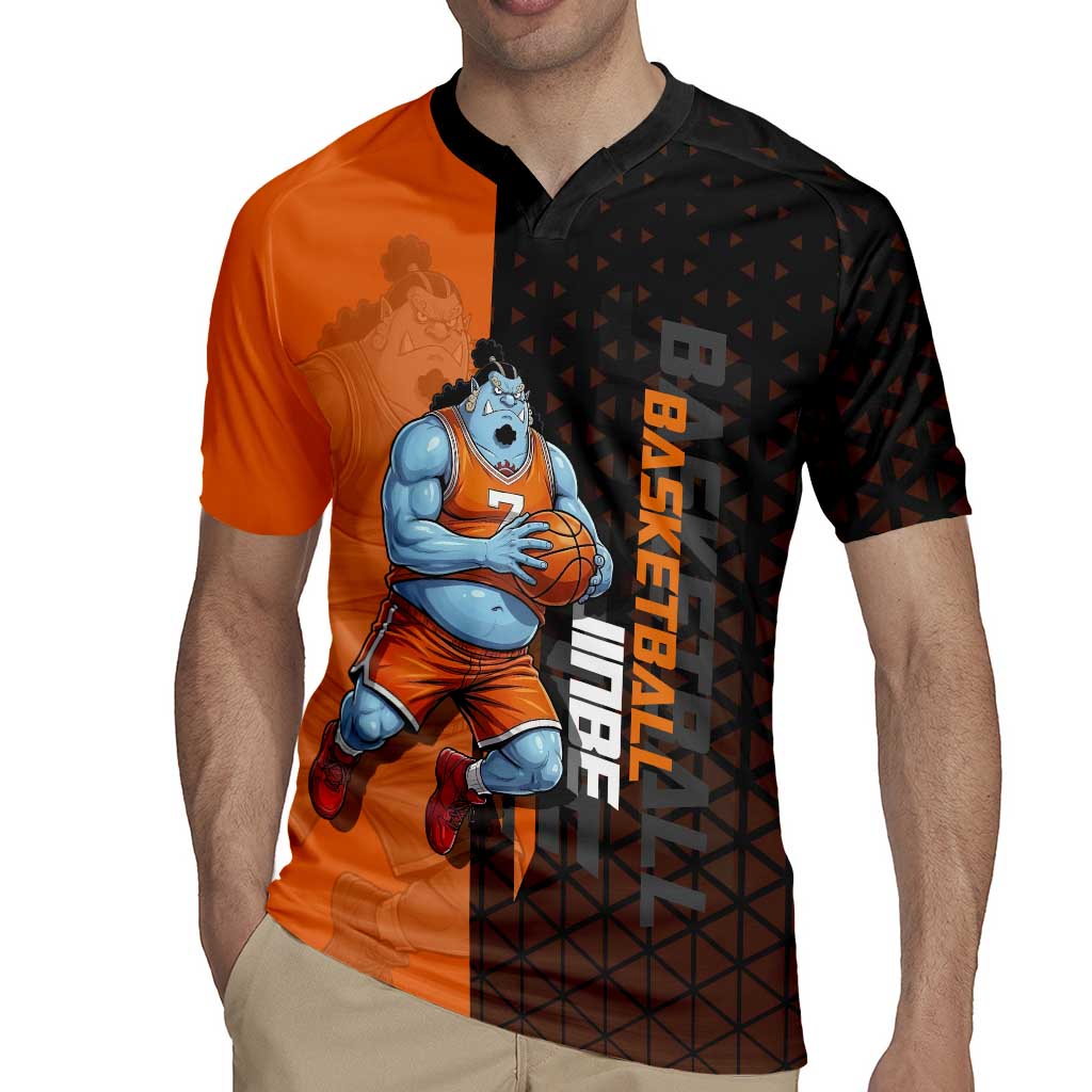 Jinbe One Piece Basketball Theme Orange and Black Design Rugby Jersey with Powerful Pose and Sun Pirates Emblem - The Mazicc