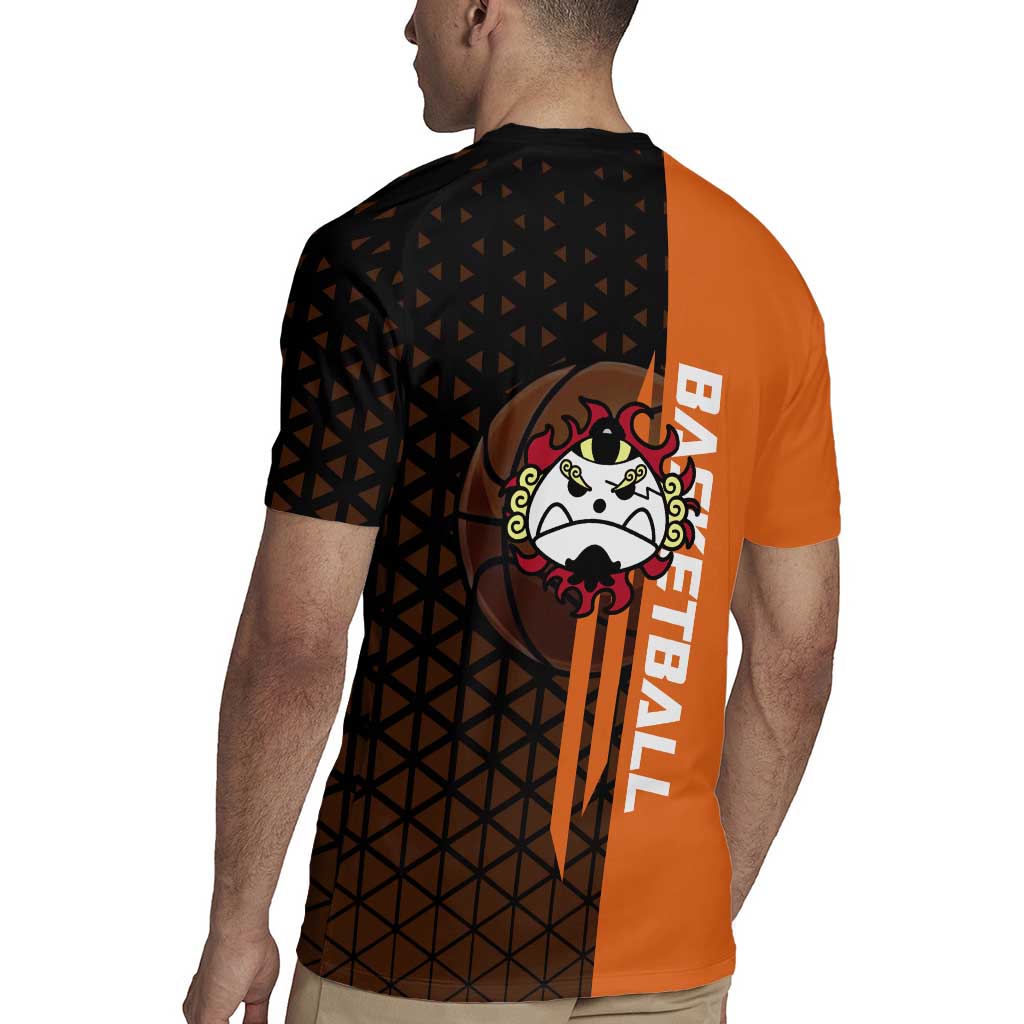 Jinbe One Piece Basketball Theme Orange and Black Design Rugby Jersey with Powerful Pose and Sun Pirates Emblem - The Mazicc