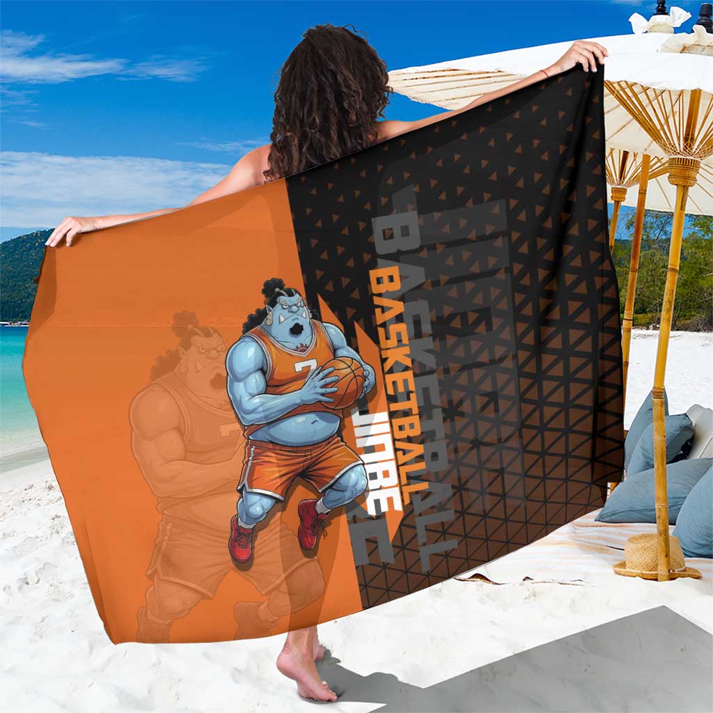 Jinbe One Piece Basketball Theme Orange and Black Design Sarong with Powerful Pose and Sun Pirates Emblem - The Mazicc