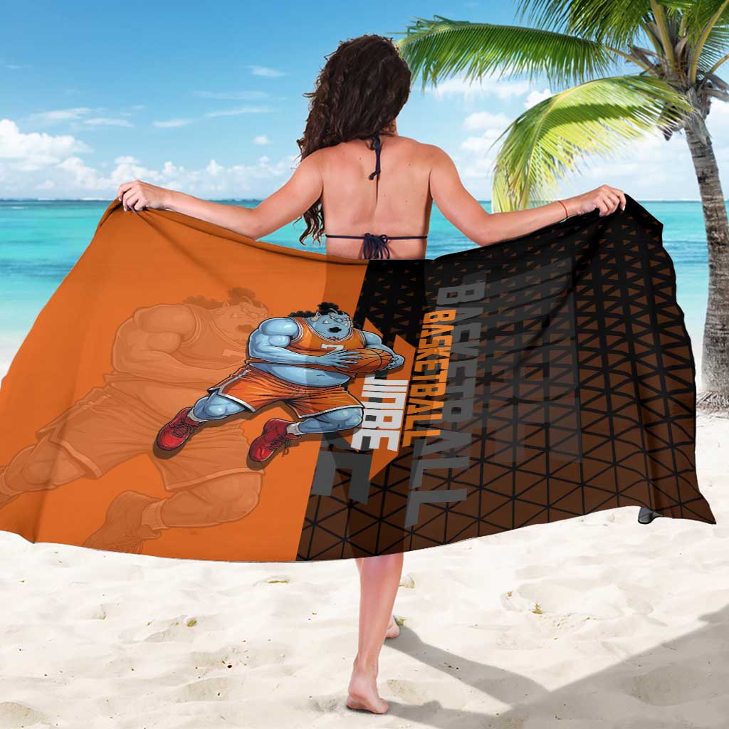 Jinbe One Piece Basketball Theme Orange and Black Design Sarong with Powerful Pose and Sun Pirates Emblem - The Mazicc
