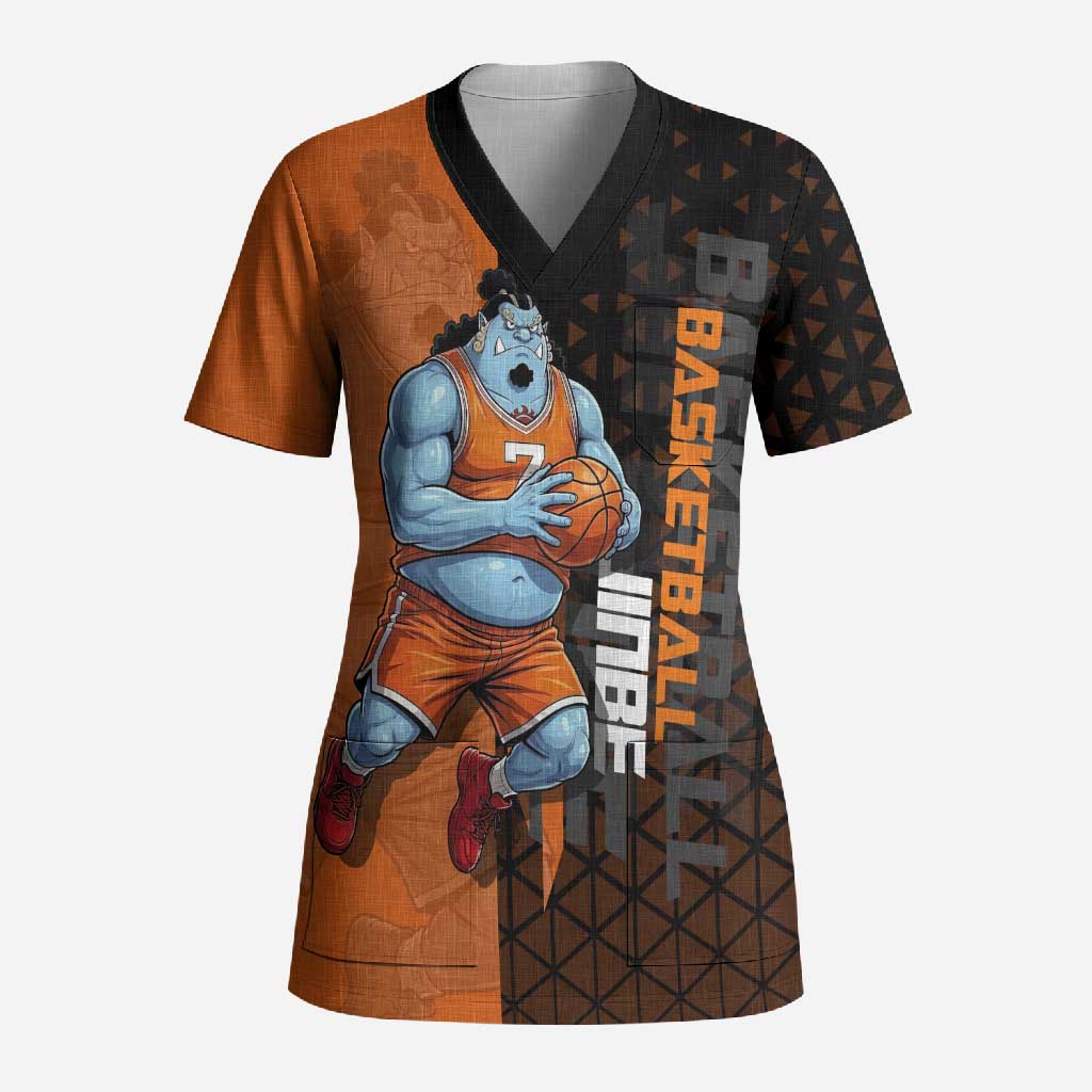 Jinbe One Piece Basketball Theme Orange and Black Design Scrub Top with Powerful Pose and Sun Pirates Emblem - The Mazicc
