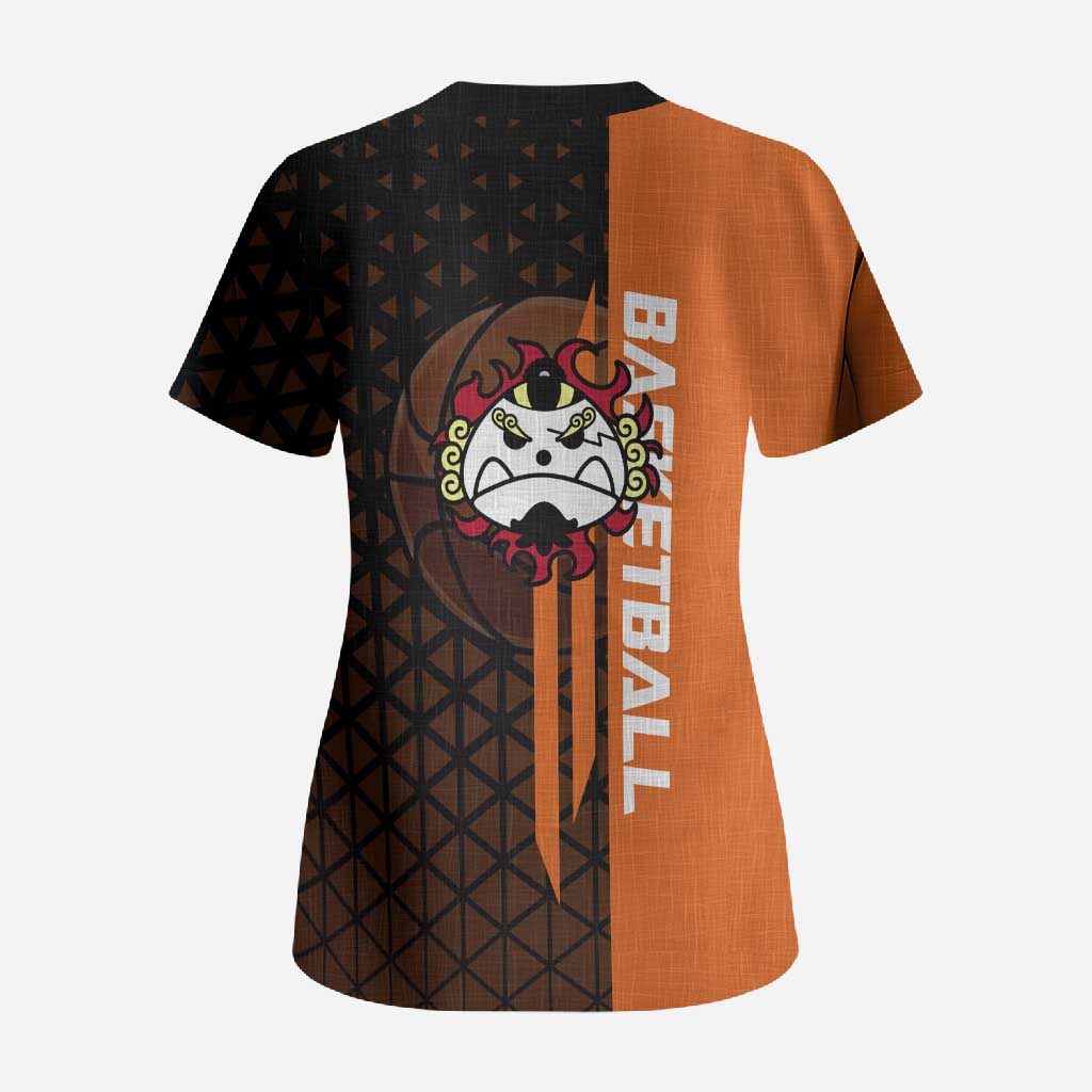 Jinbe One Piece Basketball Theme Orange and Black Design Scrub Top with Powerful Pose and Sun Pirates Emblem - The Mazicc