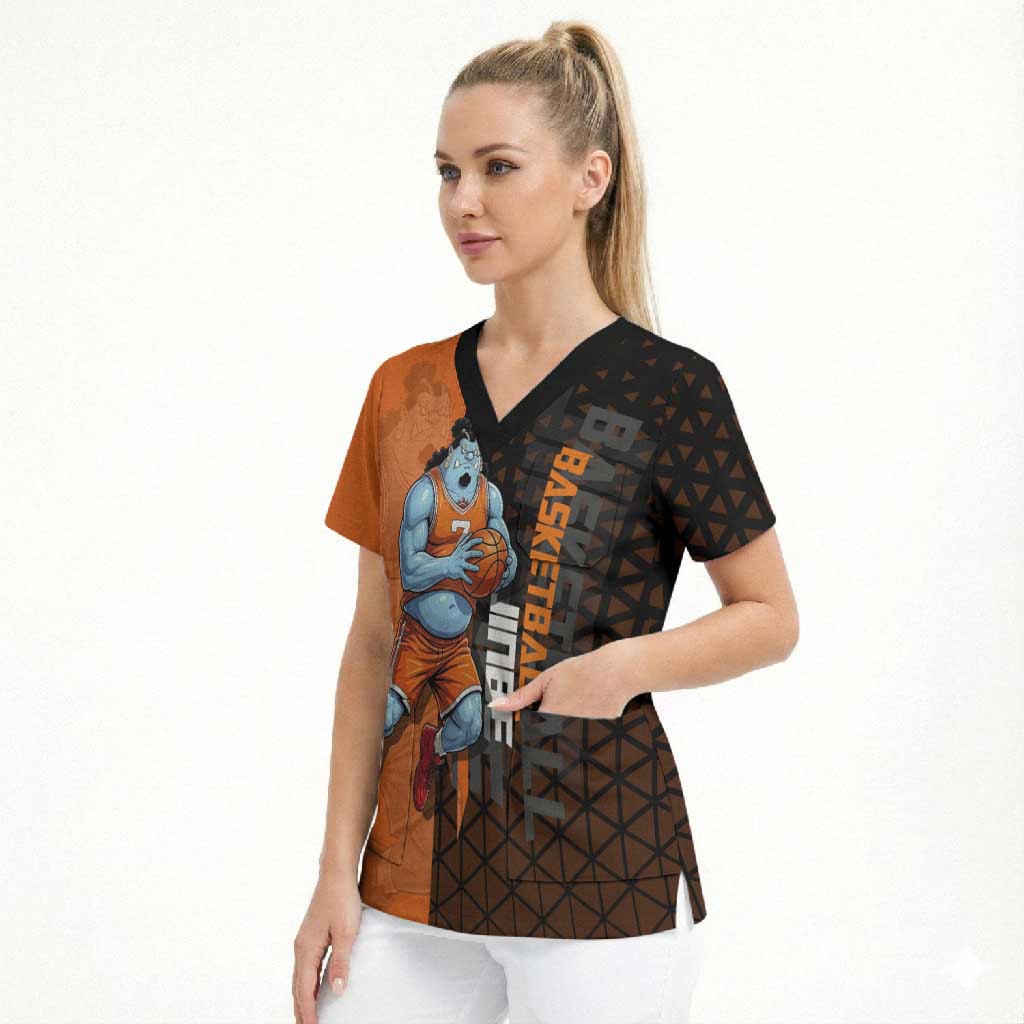 Jinbe One Piece Basketball Theme Orange and Black Design Scrub Top with Powerful Pose and Sun Pirates Emblem - The Mazicc
