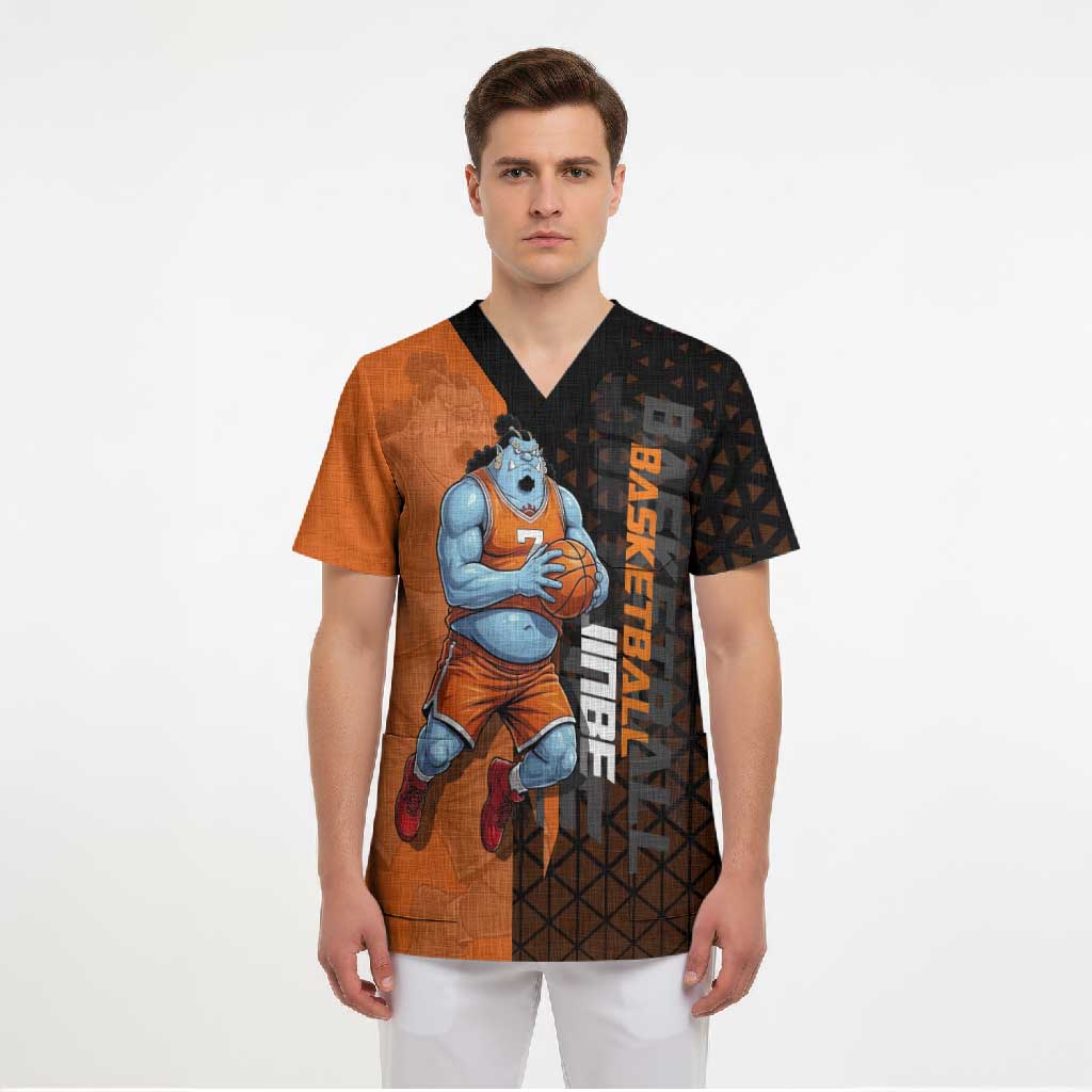 Jinbe One Piece Basketball Theme Orange and Black Design Scrub Top with Powerful Pose and Sun Pirates Emblem - The Mazicc