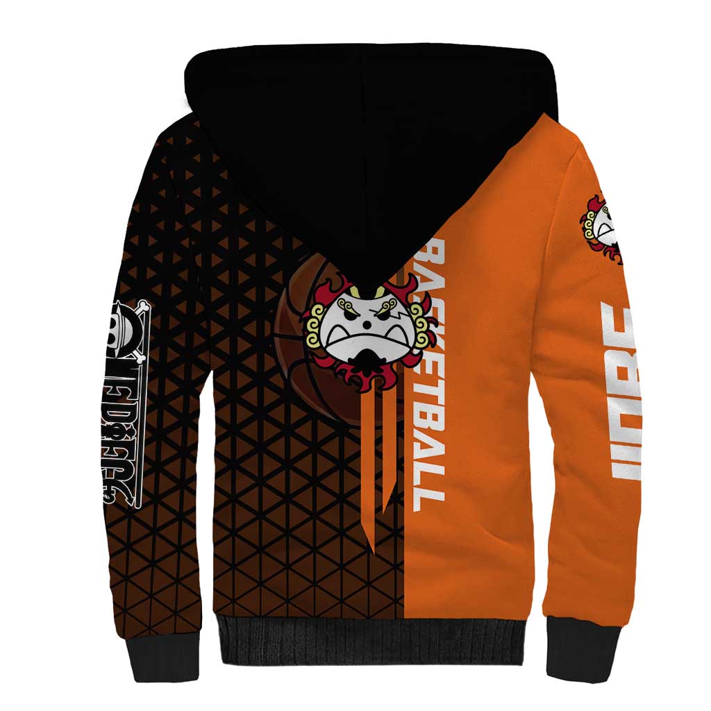 Jinbe One Piece Basketball Theme Orange and Black Design Sherpa Hoodie with Powerful Pose and Sun Pirates Emblem - The Mazicc